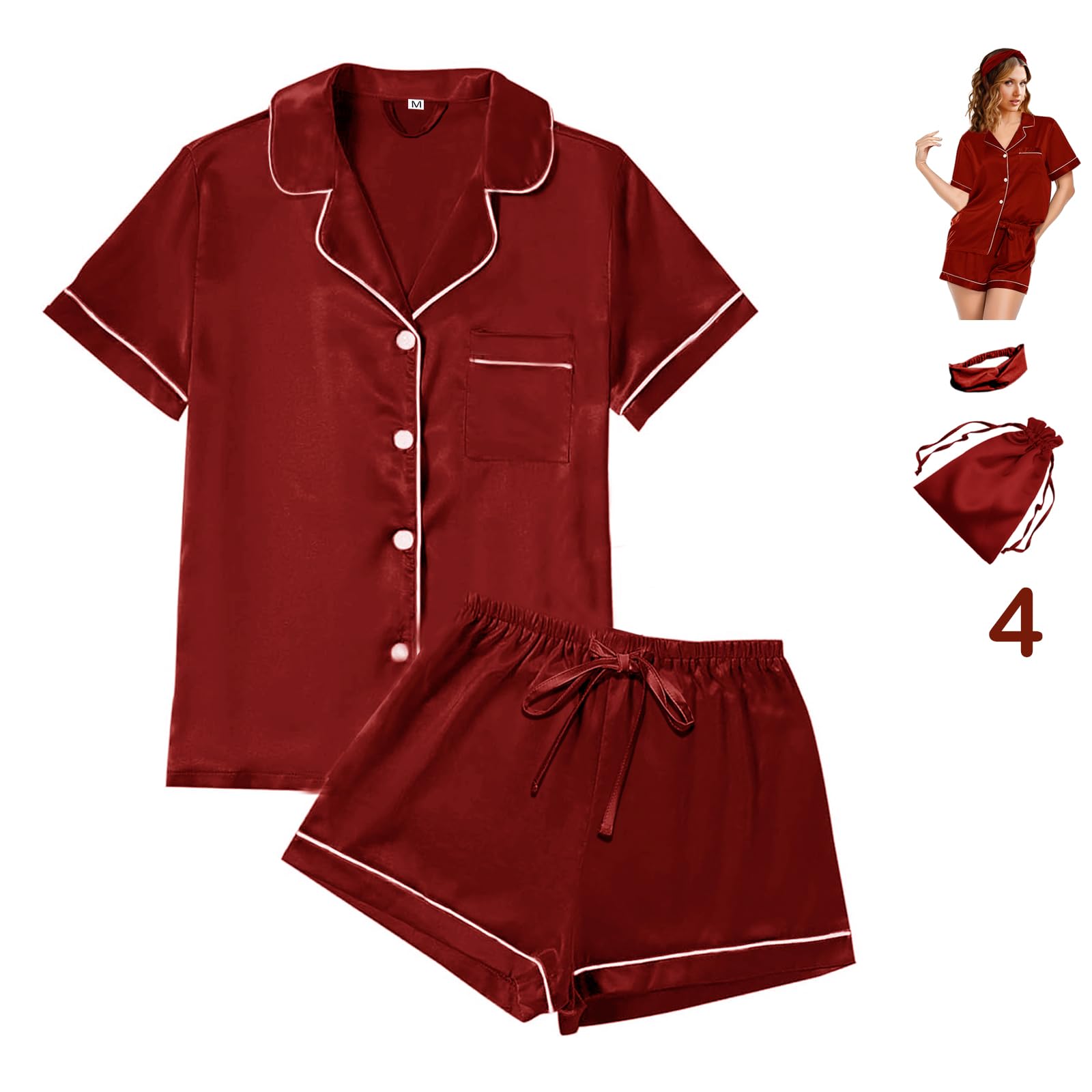 WJing Yi Jia 4Pcs Womens Satin Silky Pajama Sets Short Sleeve Shirt XS-4XL Floral Pajamas Set Soft PJ Loungewear Sleepwear