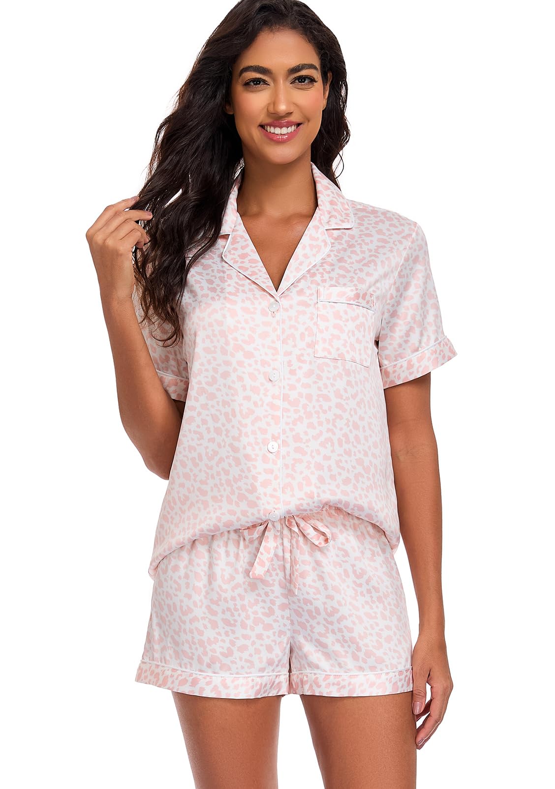 Serenedelicacy Women's Satin Pajama Set 2-Piece Sleepwear Loungewear Button Down Short Sleeve Silky PJ Set