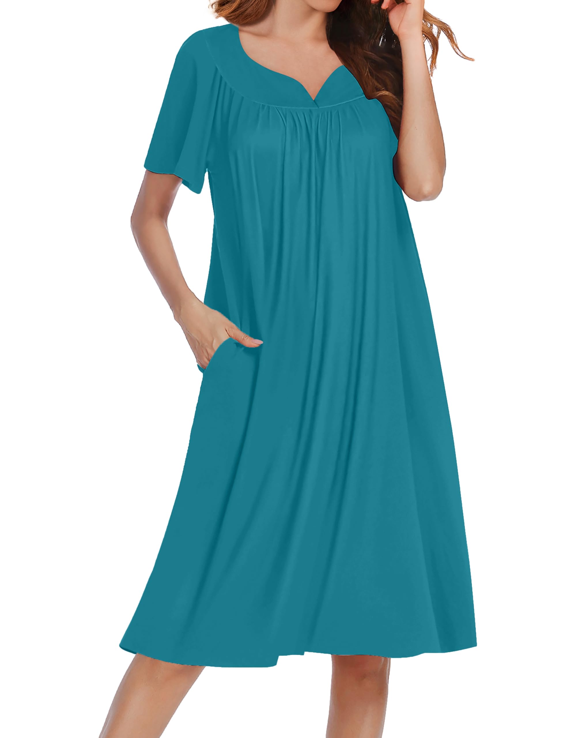 Ekouaer Nightgowns for Women House Dress Short Sleeve Moo Moo with Pockets | Pleated Mumu Dresses V Neck Sleepwear Short Sleeve Night Gowns Soft Sleep Shirts Plus Size Night Shirts Ladies Lounge Dress WEBE CLOTHING