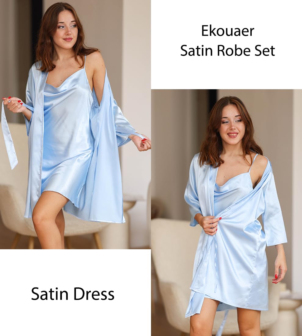 Ekouaer Women's Satin Robe Set Nightgown with Robes Silk Pajama Set 2 Pieces Lingerie Cowl Neck Cami Sleepwear Sets WEBE CLOTHING