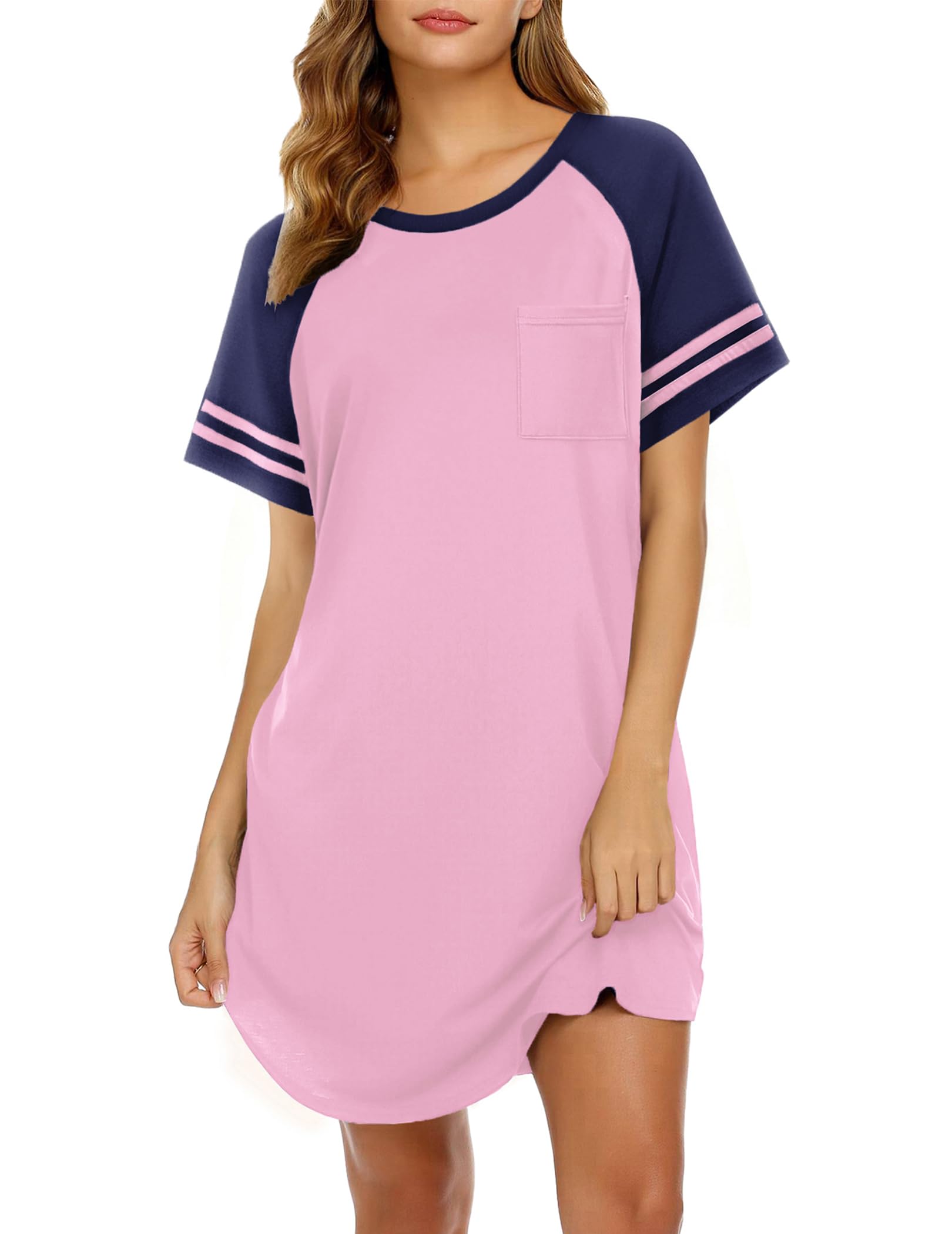 Ekouaer Nightgowns for Women Short Sleeve Sleepshirts Crew Neck Nightshirts Color Block Pajamas Dress Soft Sleepwear WEBE CLOTHING