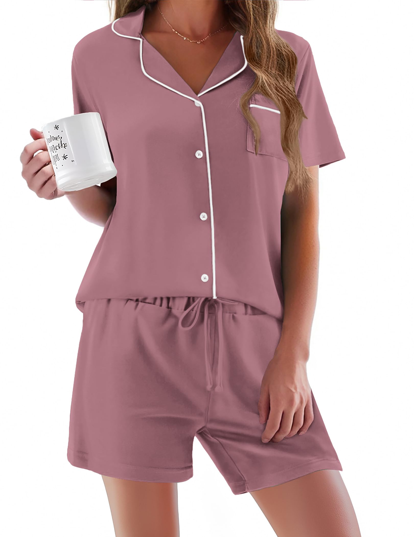 Ekouaer Pajamas Set for Women Short Sleeve Sleepwear Button Down Pjs Soft 2 Piece Lounge Sets XS-XXXL