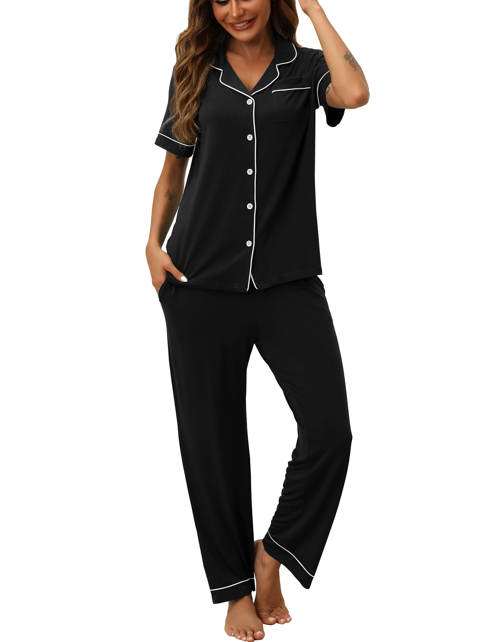 HNG Women Pajamas Set 2 Piece Button Up Pajamas Pant and Short Sleeve Shirt for Woman Pj Sets with Pocket