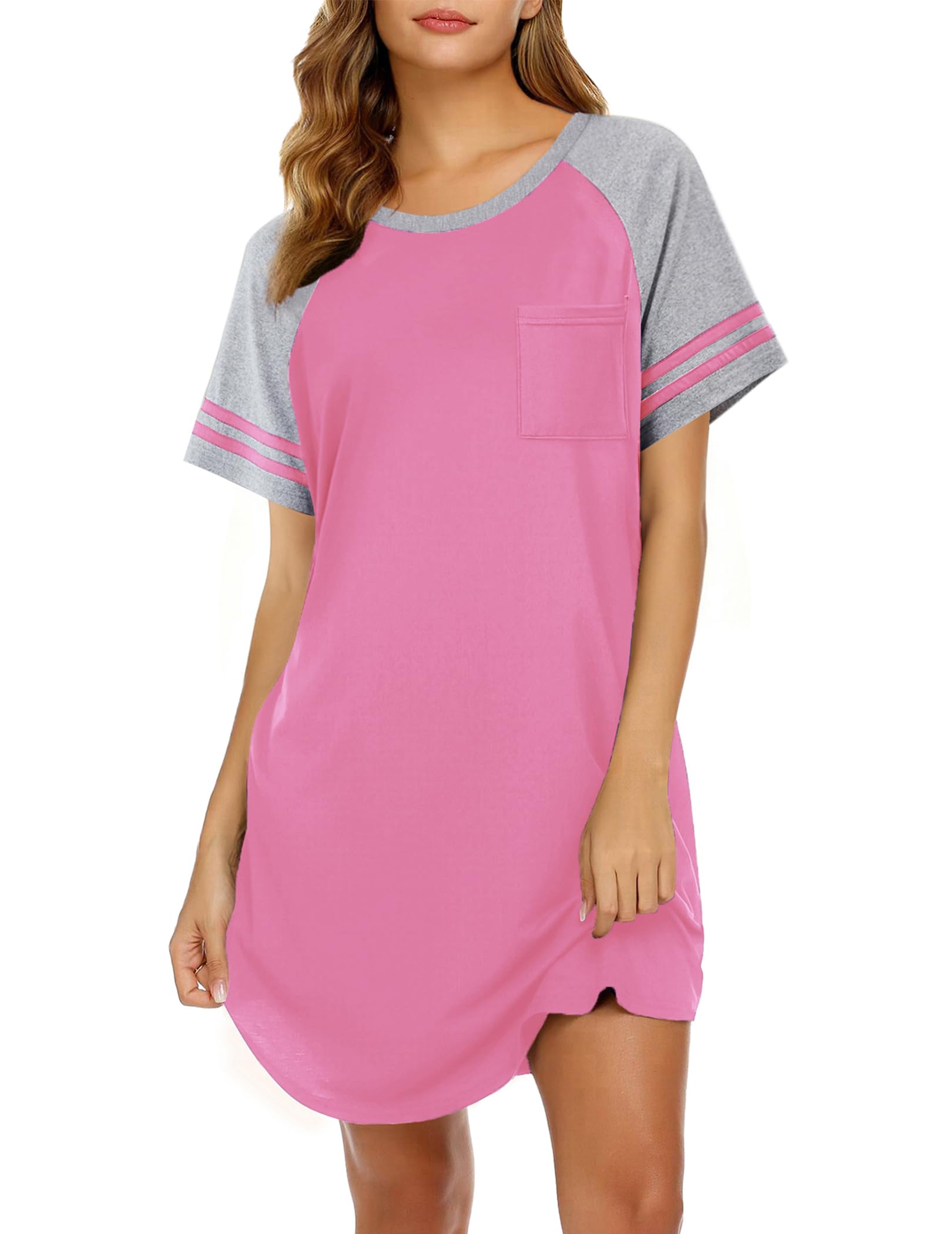 Ekouaer Nightgowns for Women Short Sleeve Sleepshirts Crew Neck Nightshirts Color Block Pajamas Dress Soft Sleepwear WEBE CLOTHING
