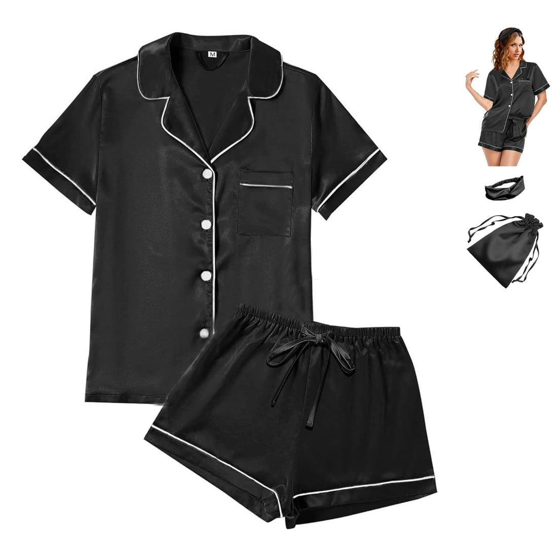 WJing Yi Jia 4Pcs Womens Satin Silky Pajama Sets Short Sleeve Shirt XS-4XL Floral Pajamas Set Soft PJ Loungewear Sleepwear