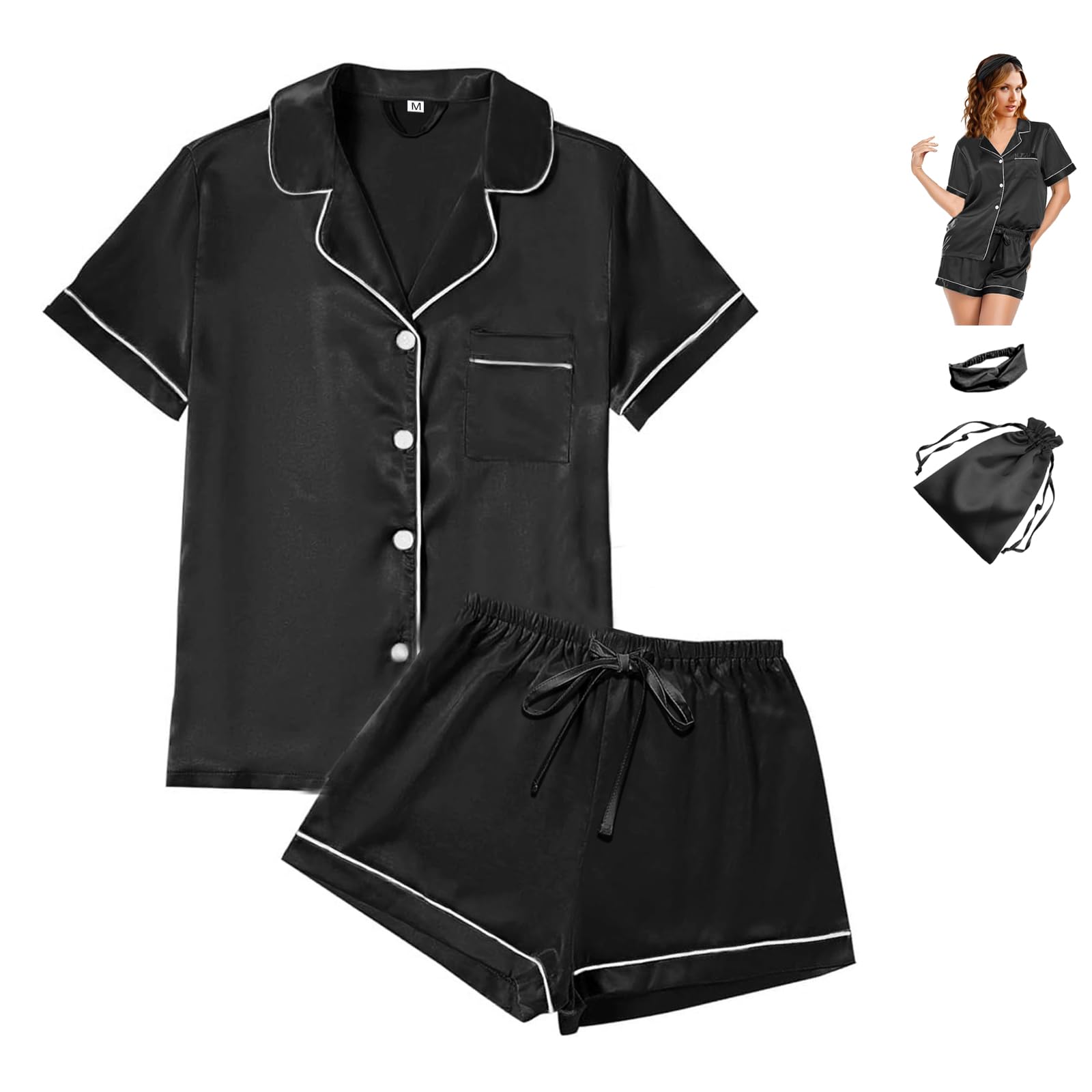 WJing Yi Jia 4Pcs Womens Satin Silky Pajama Sets Short Sleeve Shirt XS-4XL Floral Pajamas Set Soft PJ Loungewear Sleepwear