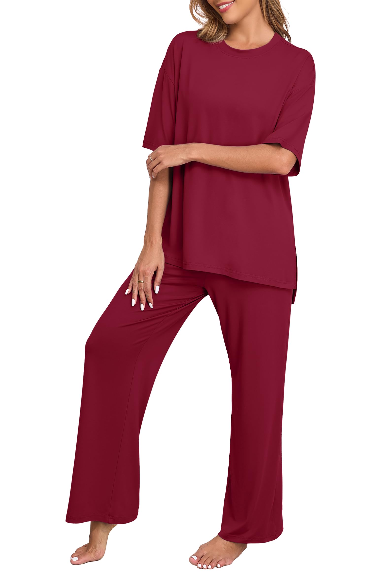 PrinStory Womens Pajamas Sets 2 Piece Lounge Set Short Sleeve Tops and Long Pants Soft Pjs Loungewear with Pockets
