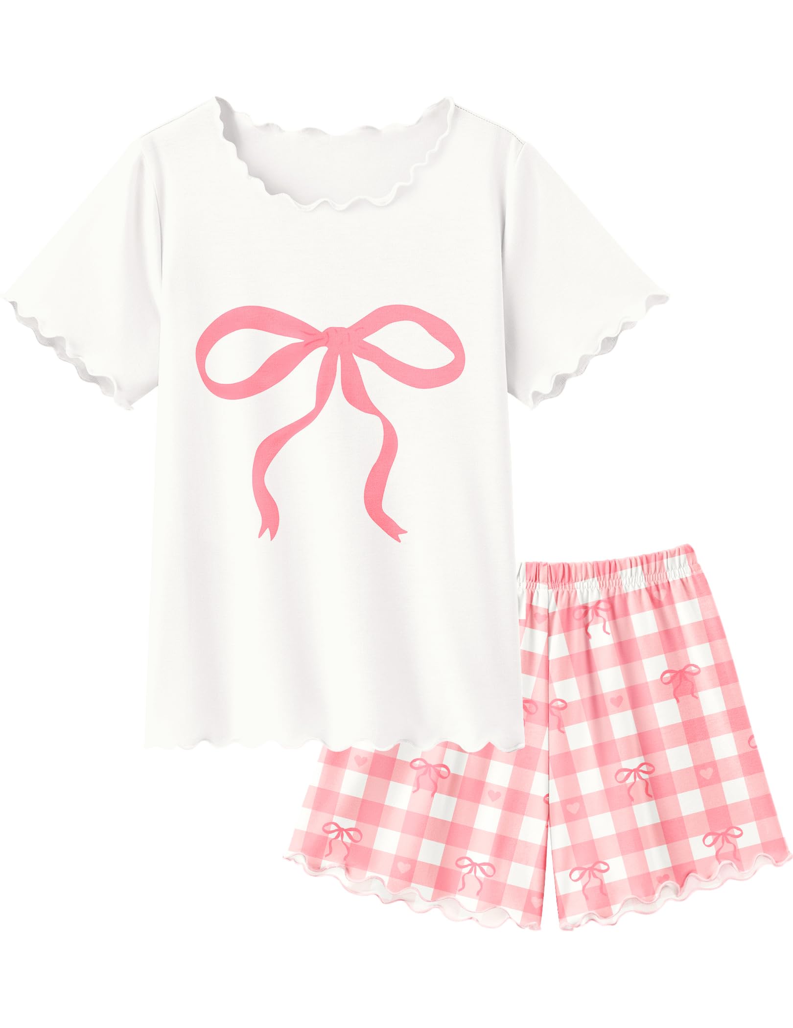 Arshiner Girls Pajama Set Short Sleeve Lounge Set Soft Shirring Summer Sleepwear Pj Sets