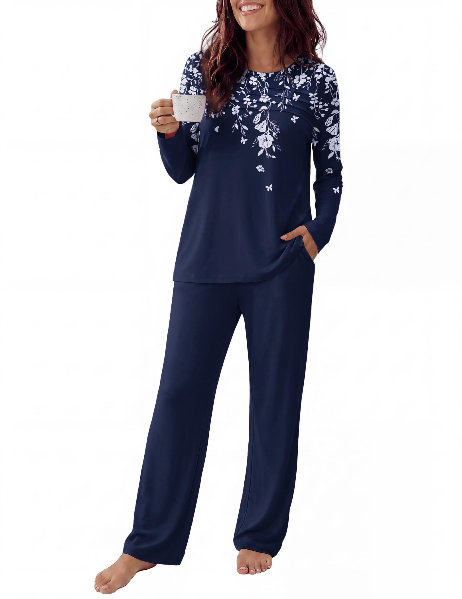 Ekouaer Womens Pajama Sets Pleated Tops with Long Pants Lounge Set Long Sleeve Fall Sleepwear Ladies Pjs S-XXL