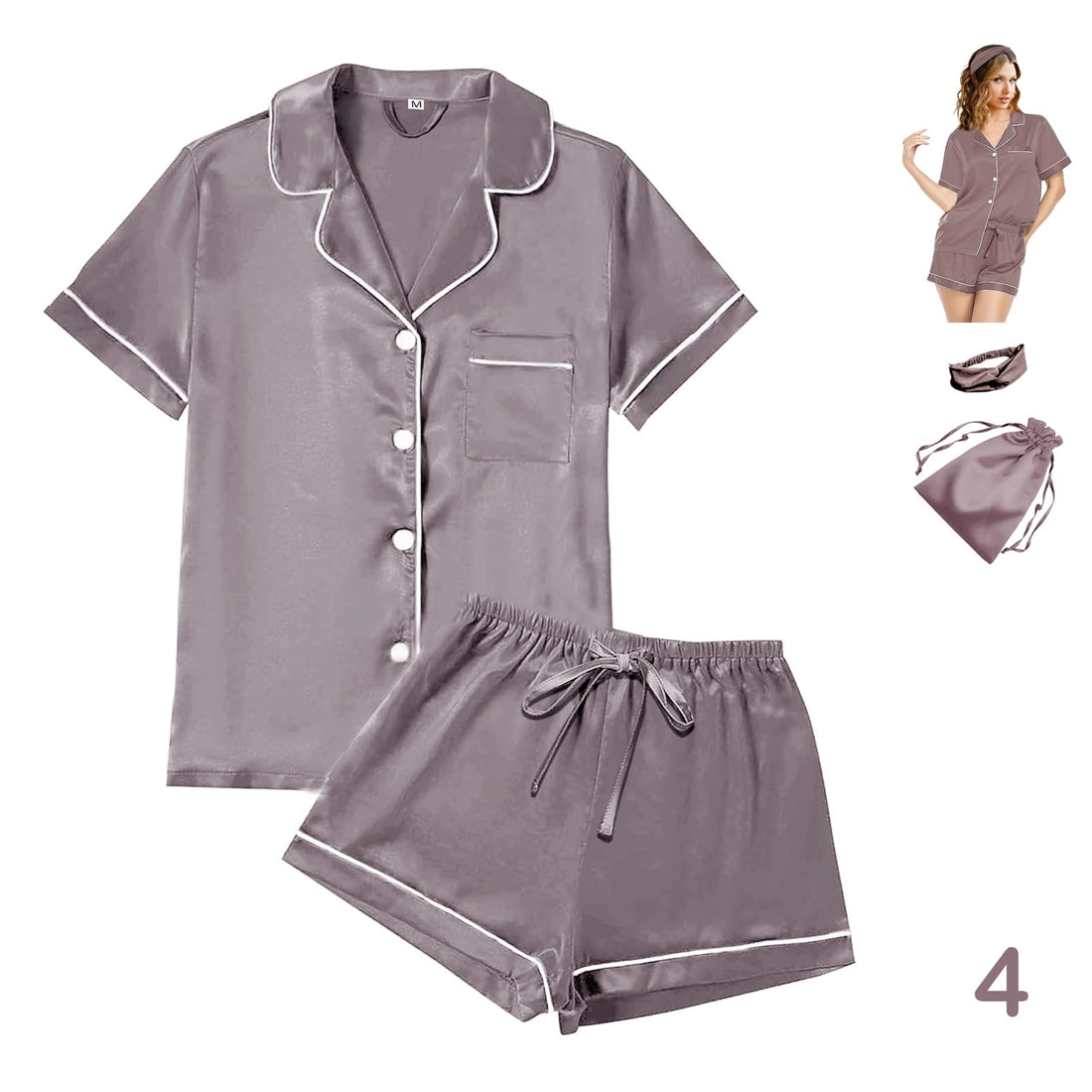 WJing Yi Jia 4Pcs Womens Satin Silky Pajama Sets Short Sleeve Shirt XS-4XL Floral Pajamas Set Soft PJ Loungewear Sleepwear