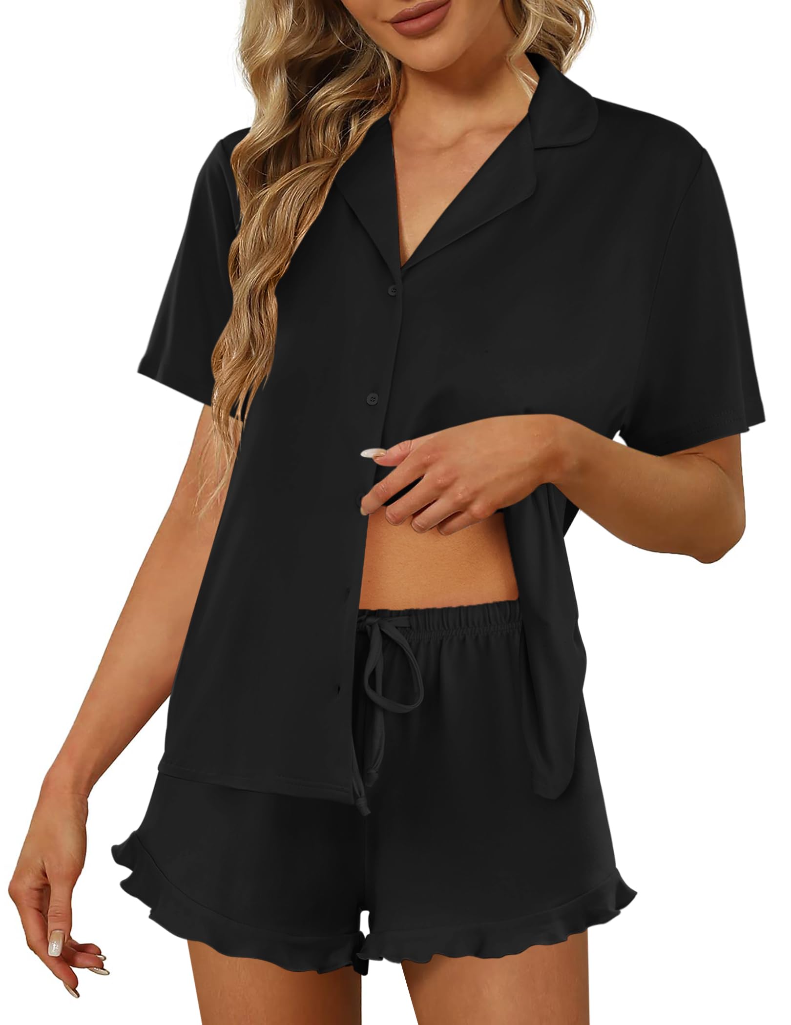Ekouaer Pajamas Set for Women Short Sleeve Sleepwear Button Down Pjs Lounge Sets Soft Nightwear