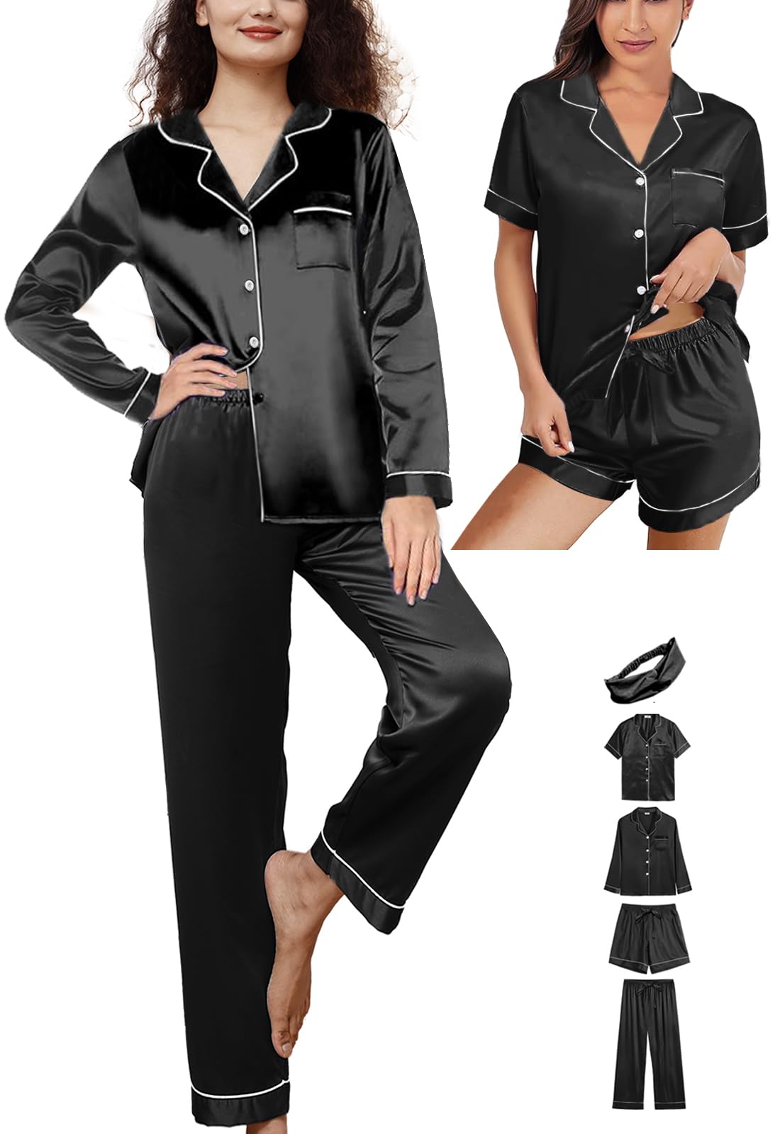 5Pcs Womens Satin Pajamas Set Silk Pajama Pjs XS-2XL Silky Pj Sets Button Down Sleepwear Nightwear Loungewear