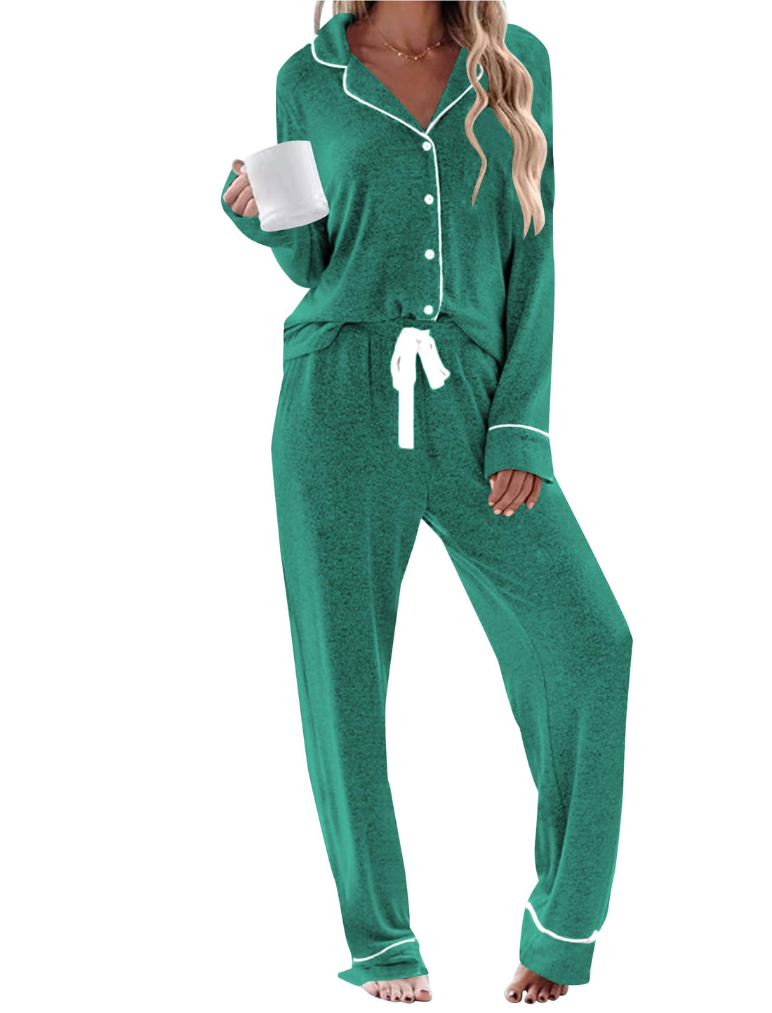 Womens Long Sleeve Pajamas Set Soft Sleepwear Button Down Shirt and Long Pants Pj Lounge Sets S-XXL with Pockets
