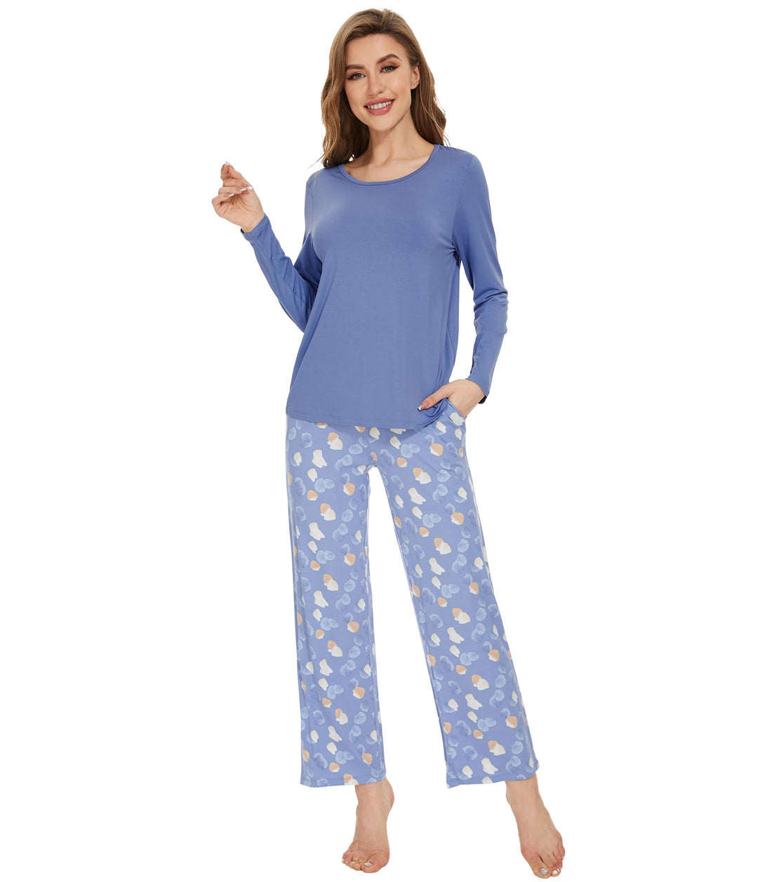 WiWi Bamboo Viscose Pajama Set for Women Super Soft Long Sleeve Top with Pants Loungewear Cooling 2 Piece Pjs Sets S-XXL