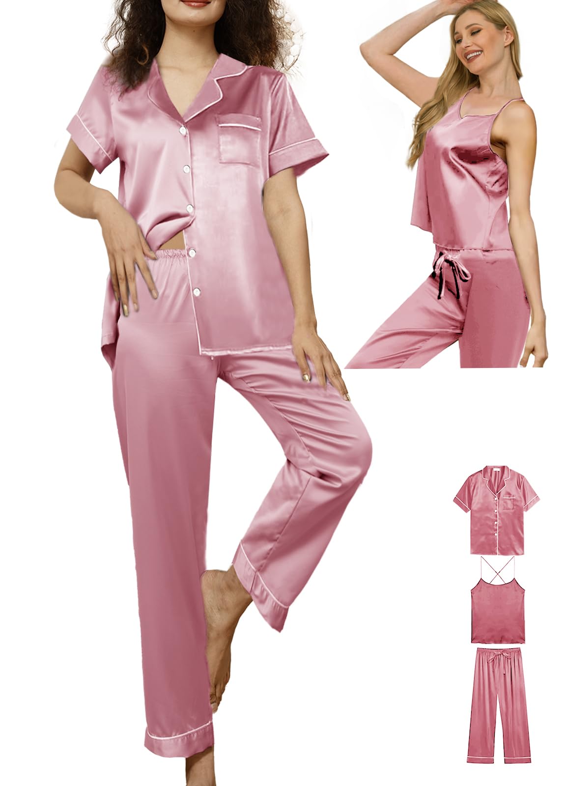 3Pcs Womens Satin Pajamas Set Silk Pj Sets Sexy Camisole Tops And Pants Silky Pajama XS-4XL Pjs Sleepwear WEBE CLOTHING
