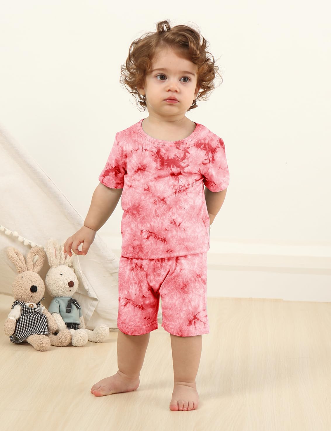Jimonda Kids Soft Rayon From Bamboo Sleepwear Short Sleeve Boys Girls Pajama Outdoor 4-Piece tops&shorts Casual sets Tie PJ