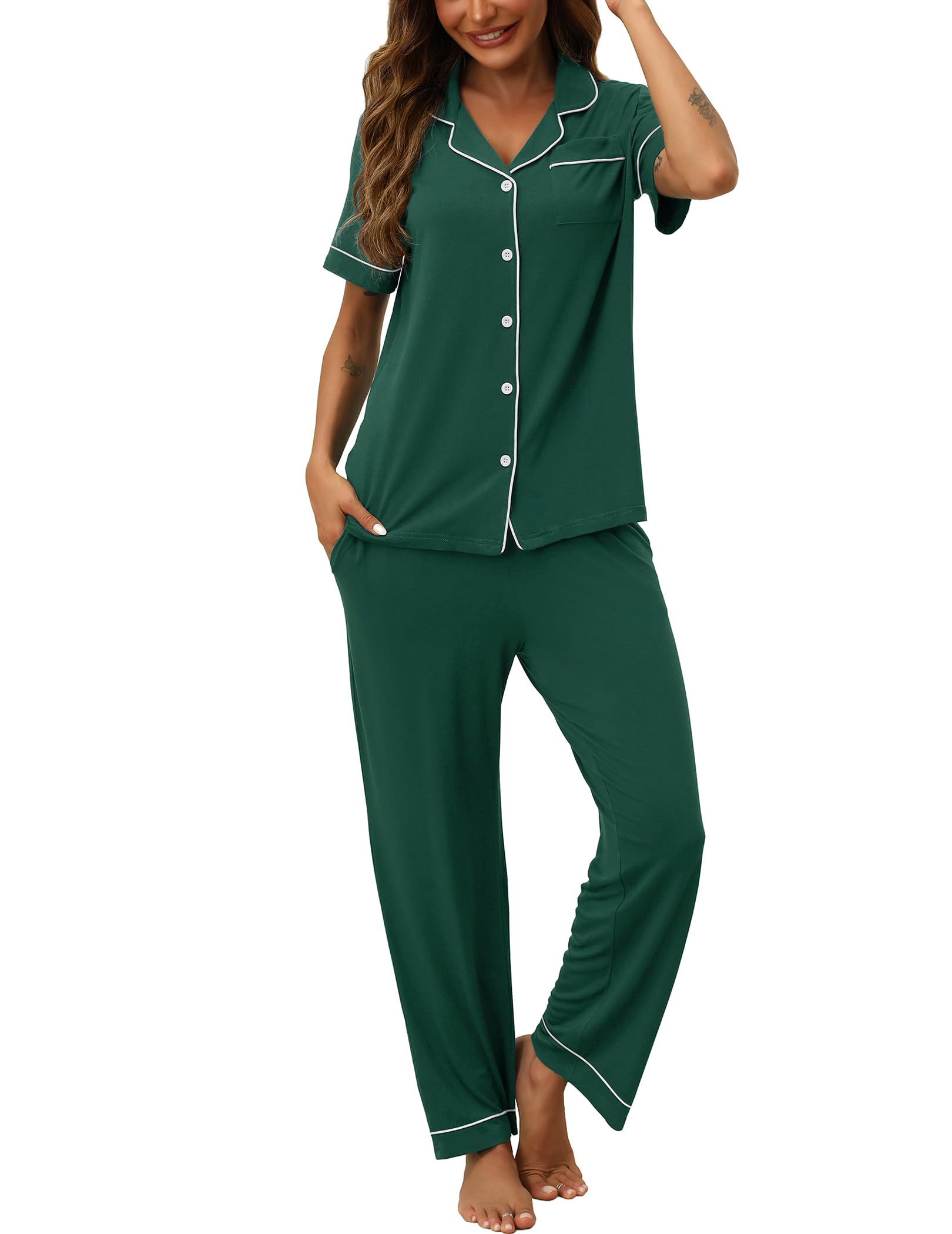 HNG Women Pajamas Set 2 Piece Button Up Pajamas Pant and Short Sleeve Shirt for Woman Pj Sets with Pocket