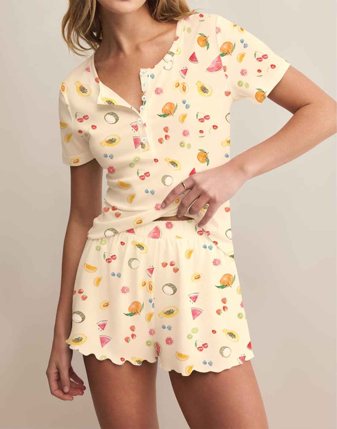 Lacozy Cute Pajama Sets for Women 2 Piece Short Sleeve Floral Print Button Shirt and Short Pj Sets Woman Y2K Sleepwear