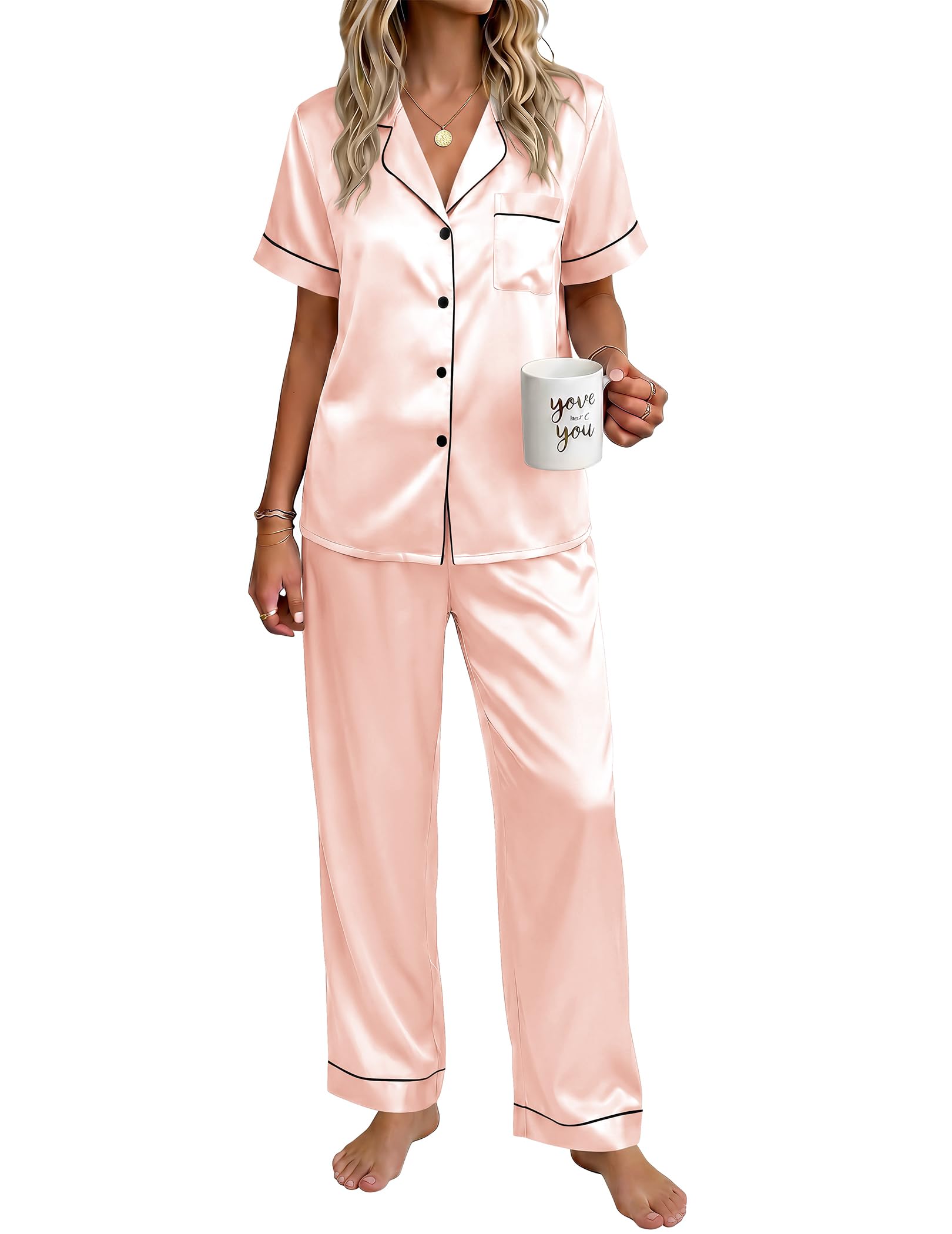 Ekouaer Womens Silky Satin Pajamas Set Short Sleeve Button Down Sleepwear 2 Piece Lounge Set Pj Set WEBE CLOTHING