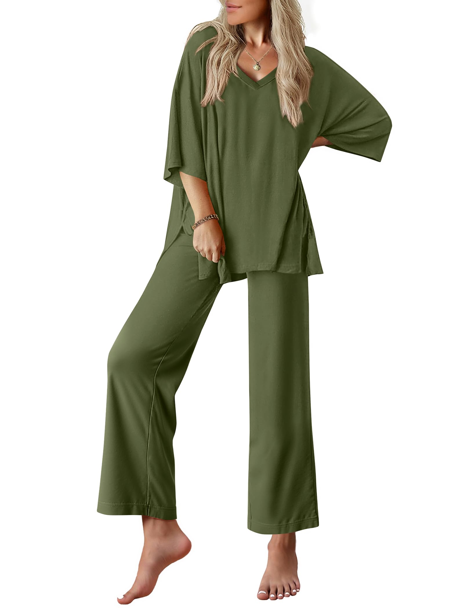 Ekouaer Lounge Sets for Women Short Sleeve Tops and Long Pants Pajamas Set | Comfy V Neck Top and Loose Fit Pants, Fashion Oversized style, ideal for Home relaxation, Daily Wear & Maternity WEBE CLOTHING