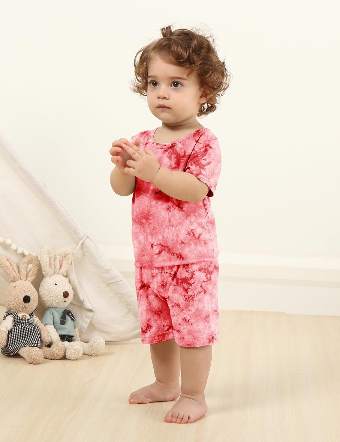 Jimonda Kids Soft Rayon From Bamboo Sleepwear Short Sleeve Boys Girls Pajama Outdoor 4-Piece tops&shorts Casual sets Tie PJ