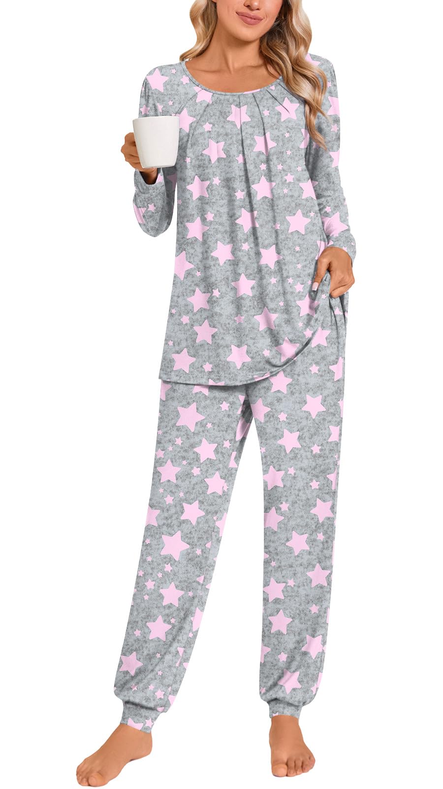 Anymeet Womens Pajama Sets Fall Winter Long Sleeve 2 Piece Sleepwear Soft Lounge Outfits with Pockets