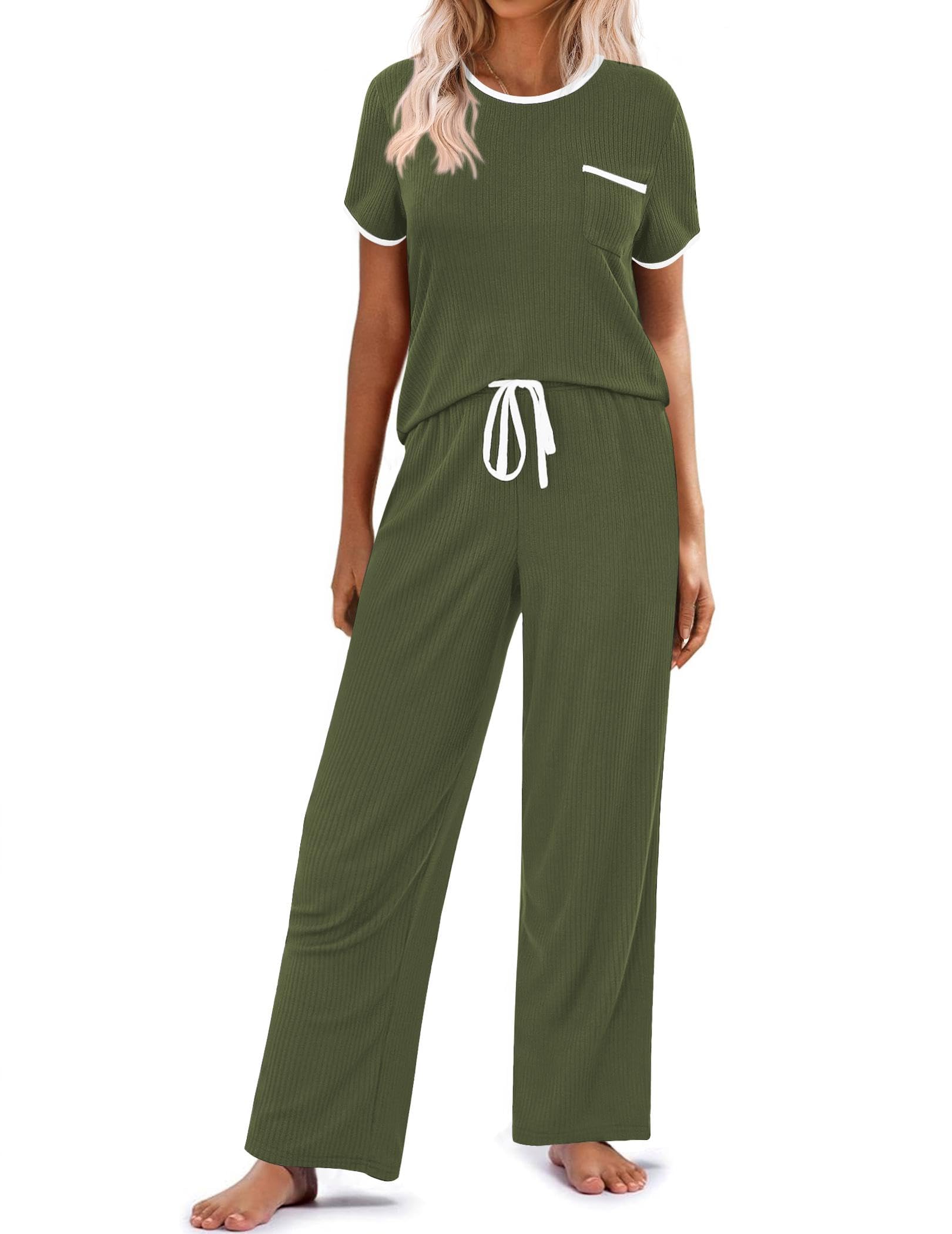 Ekouaer Women Lounge Pajamas Sets Ribbed Knit PJ Short Sleeve and Long Pajama Pant Soft 2 Piece Sleepwear Loungwear Set