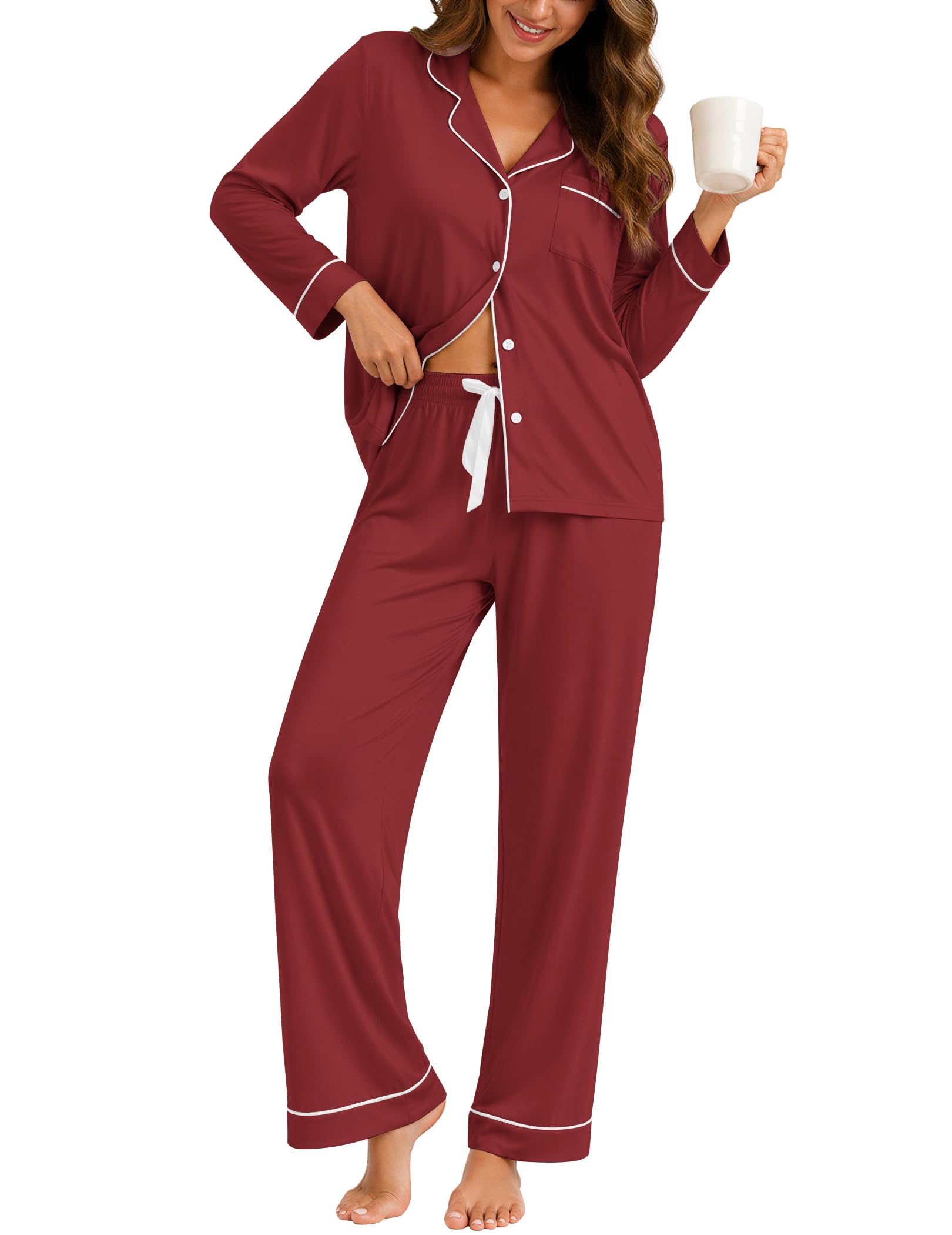 ZMJ Womens Pajamas Sets 2 Piece Long Sleeve and Pant Pj Sets Button Up Sleepwear
