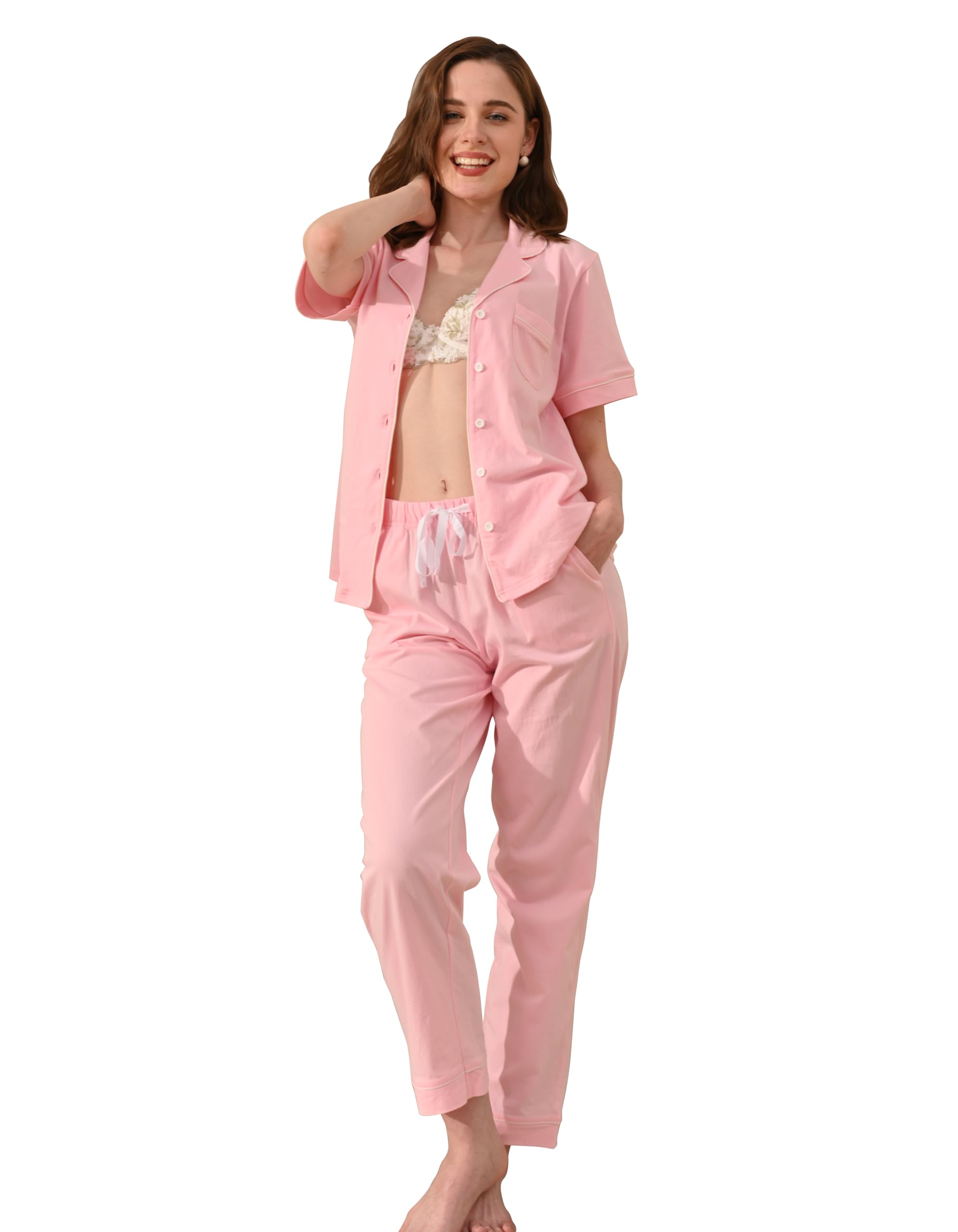 NAP BOUND 100% Cotton Pajamas for Women Sets 2 Pieces Pjs Button short sleeves with Pockets Soft Sleepwear Loungewear XS-XXL