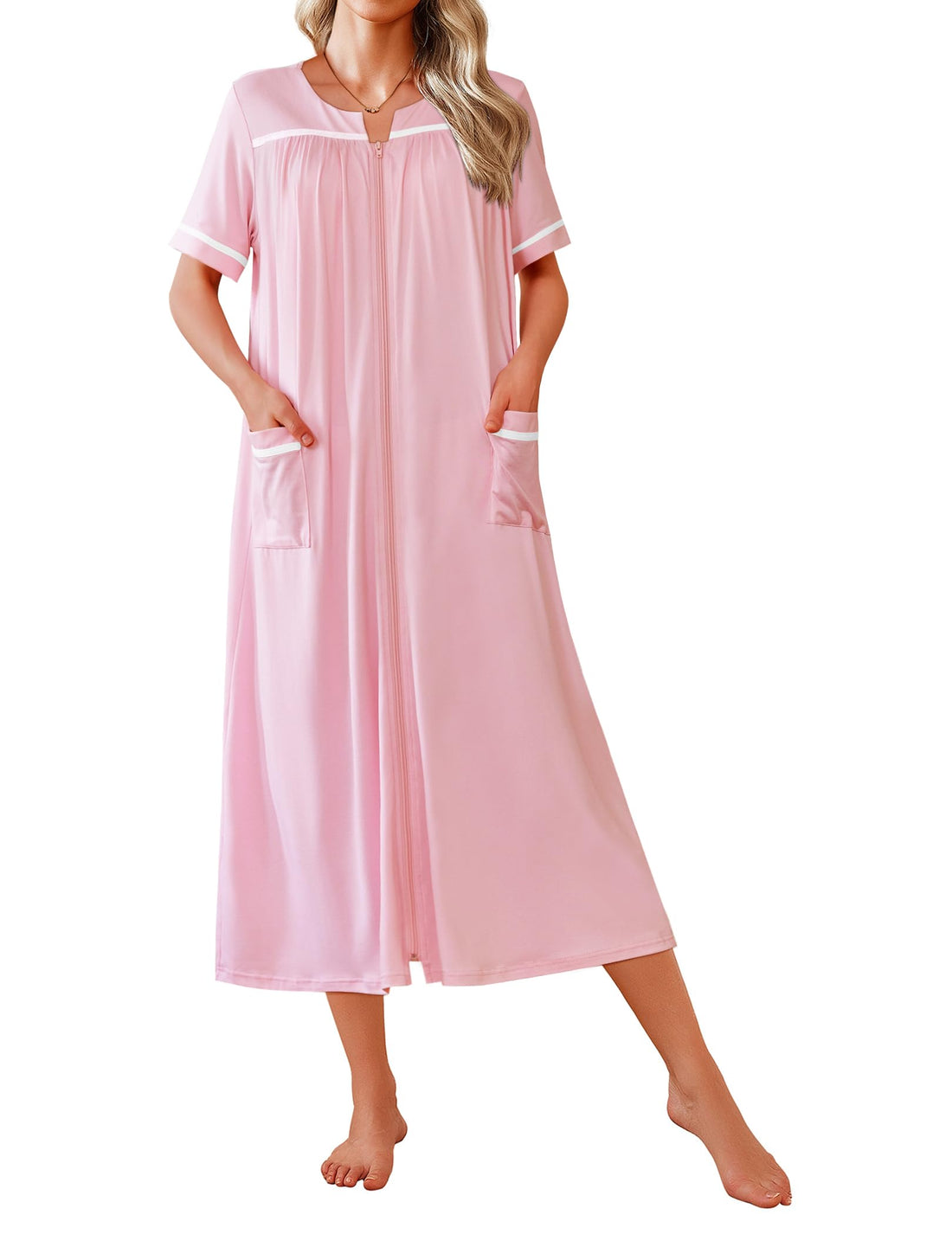 Ekouaer Zipper Robes for Women Short Sleeve Bathrobe Soft Lightweight Housecoat Full Length Nightgown with Pockets S-3XL WEBE CLOTHING