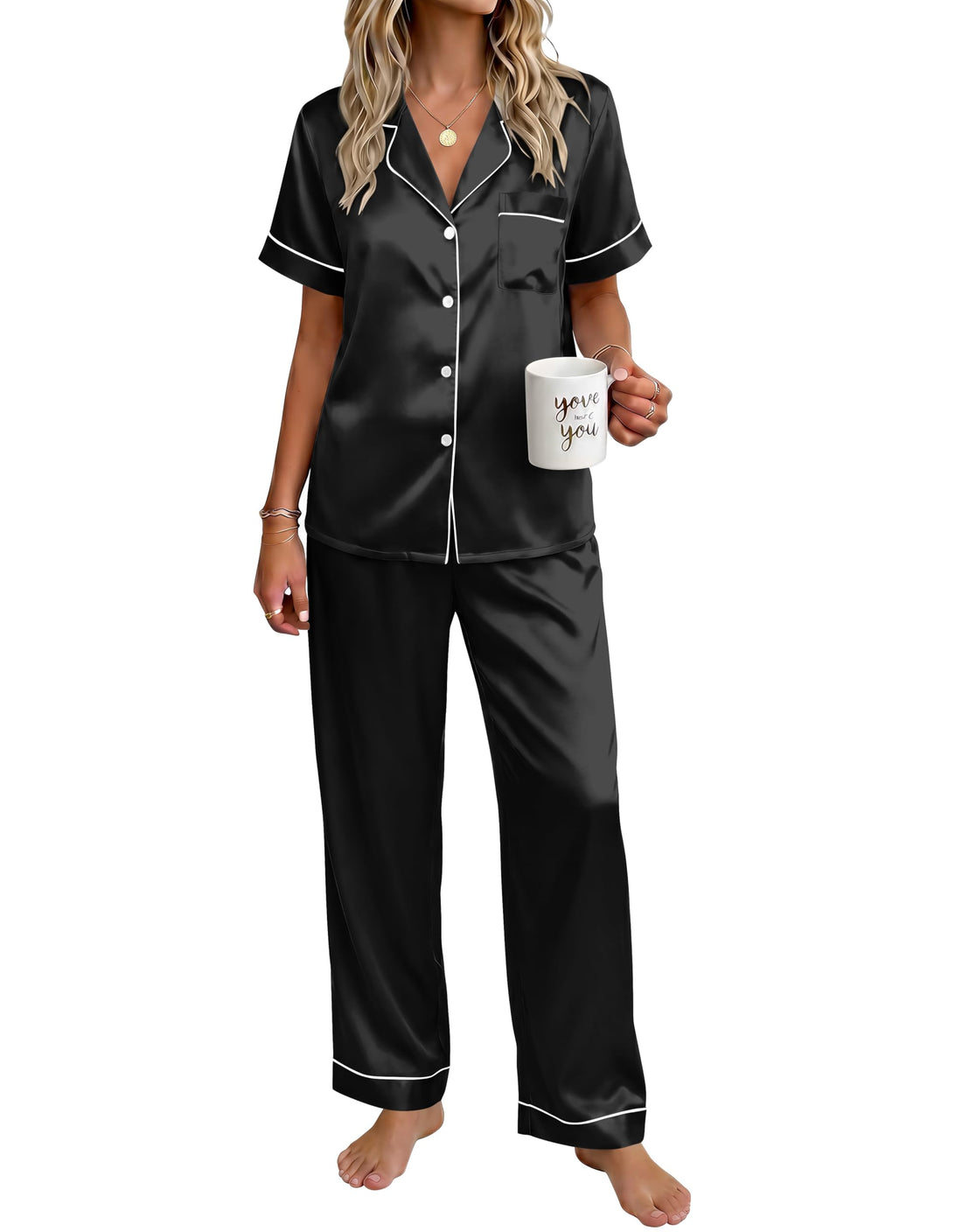 Ekouaer Womens Silky Satin Pajamas Set Short Sleeve Button Down Sleepwear 2 Piece Lounge Set Pj Set WEBE CLOTHING