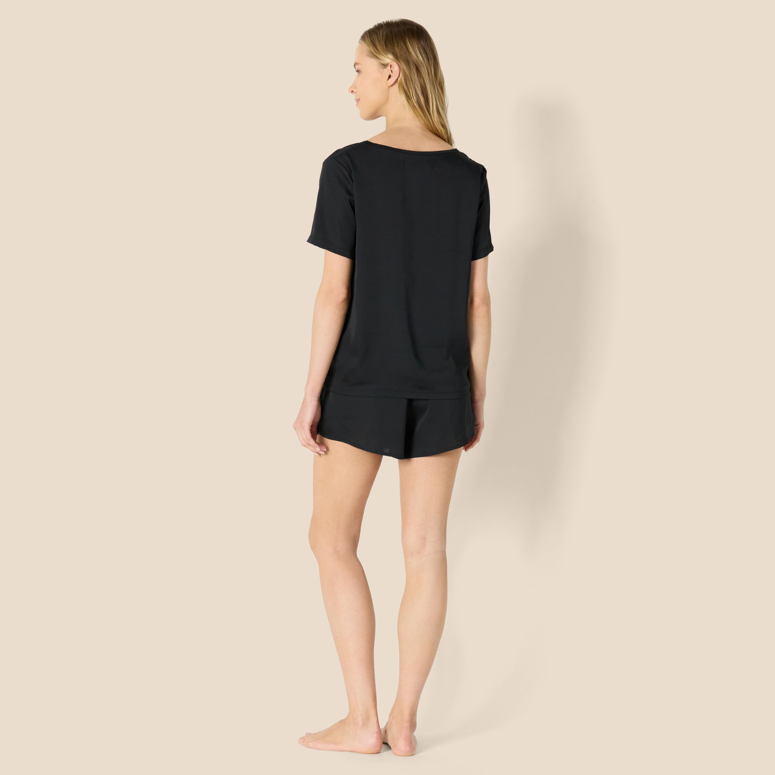 Amazon Essentials Women's Relaxed Fit Satin Short Sleeve V-Neck T-Shirt and Short Sleepwear Set