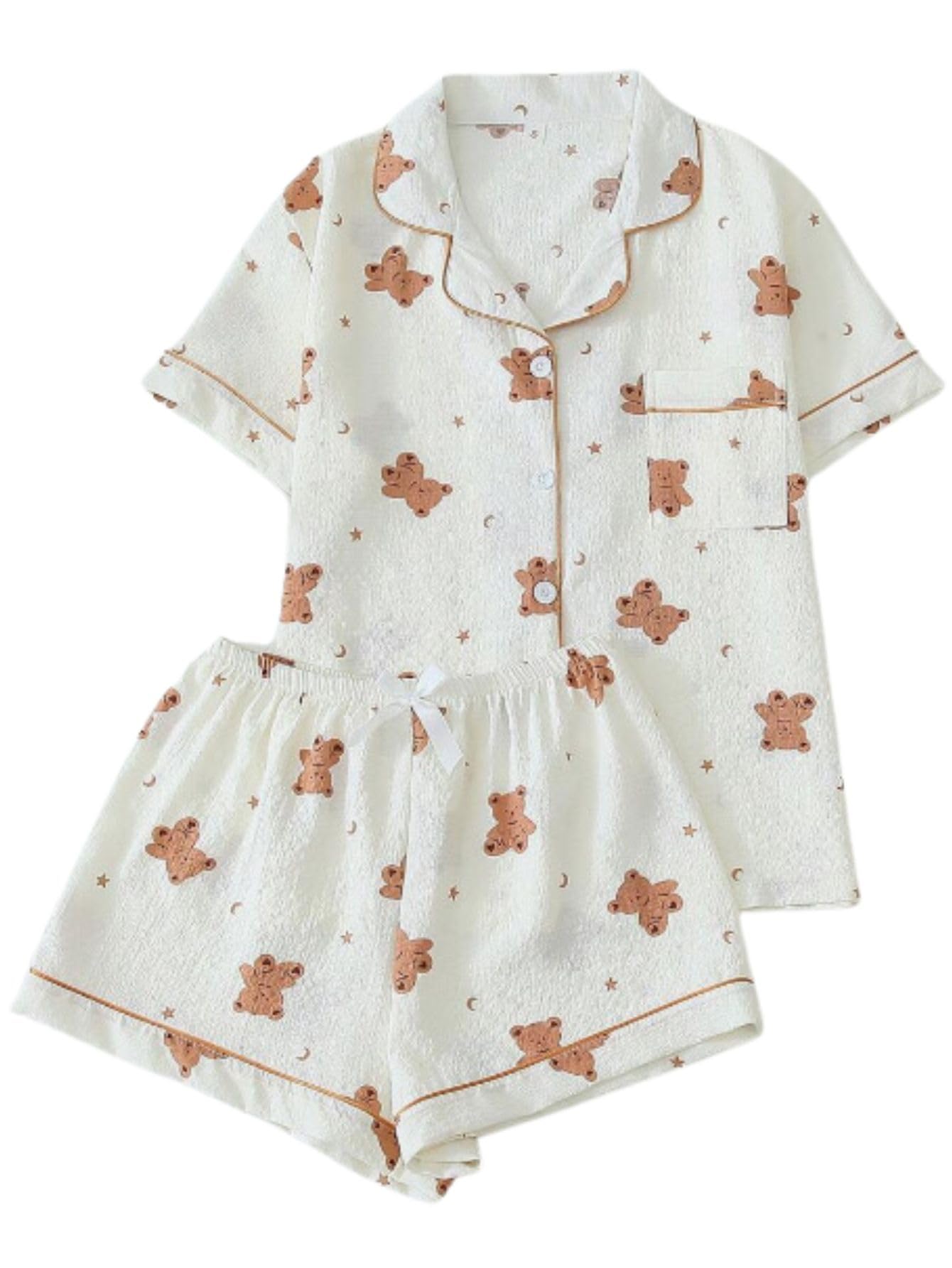 Verdusa Pajamas For Women Set 2 Piece Summer Pajama Sets Cute Pjs Lounge Matching Button Shirt with Shorts