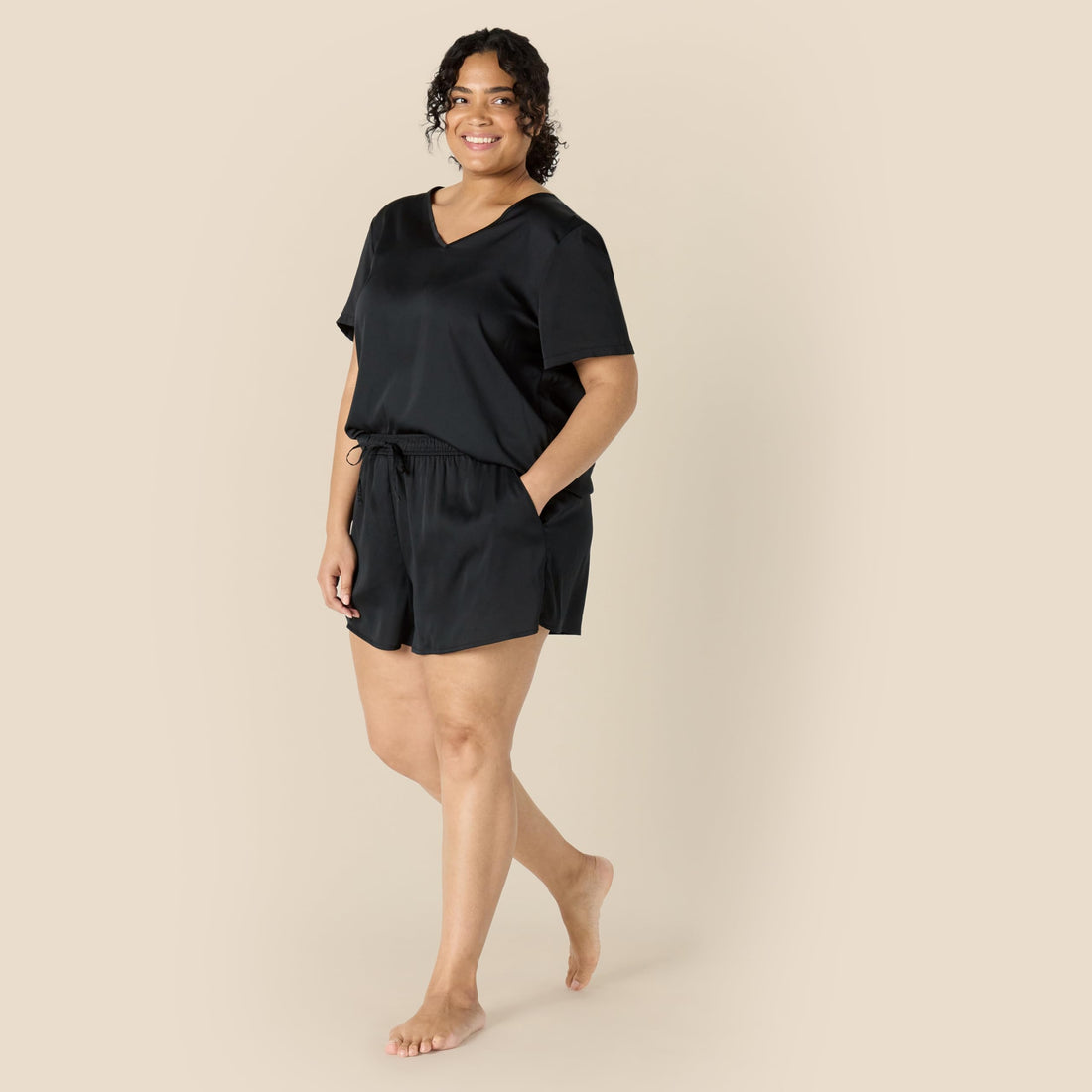 Amazon Essentials Women's Relaxed Fit Satin Short Sleeve V-Neck T-Shirt and Short Sleepwear Set