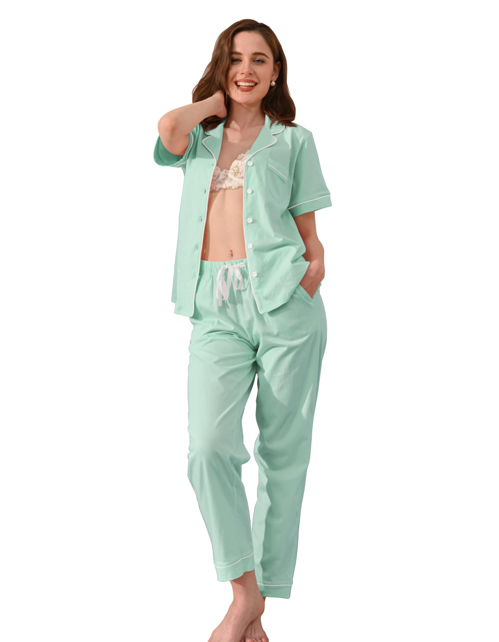 NAP BOUND 100% Cotton Pajamas for Women Sets 2 Pieces Pjs Button short sleeves with Pockets Soft Sleepwear Loungewear XS-XXL