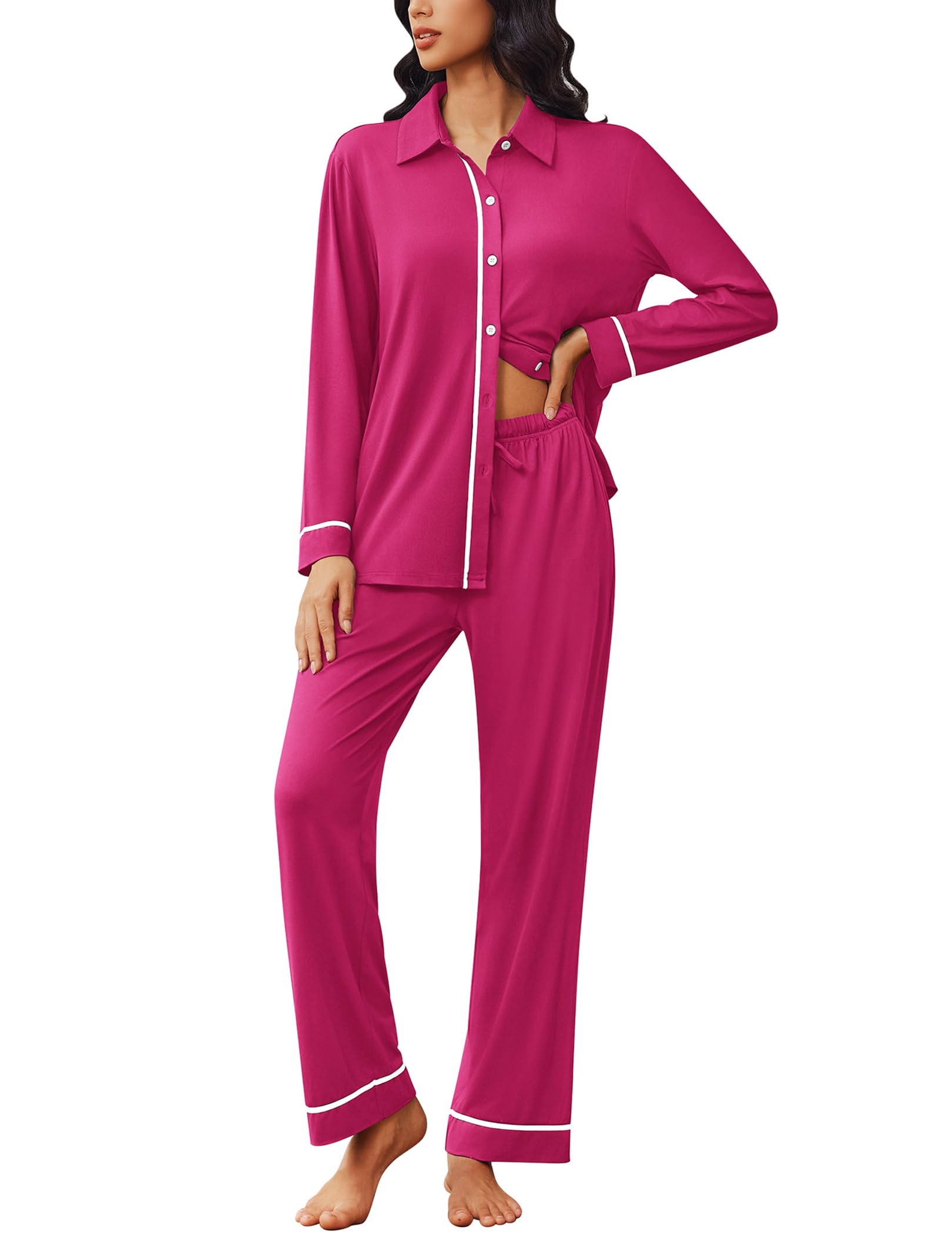 Ekouaer Womens Pajama Sets Long Sleeve Sleepwear Soft Button Down Pjs 2 Piece Loungewear witn Pants S-XXL