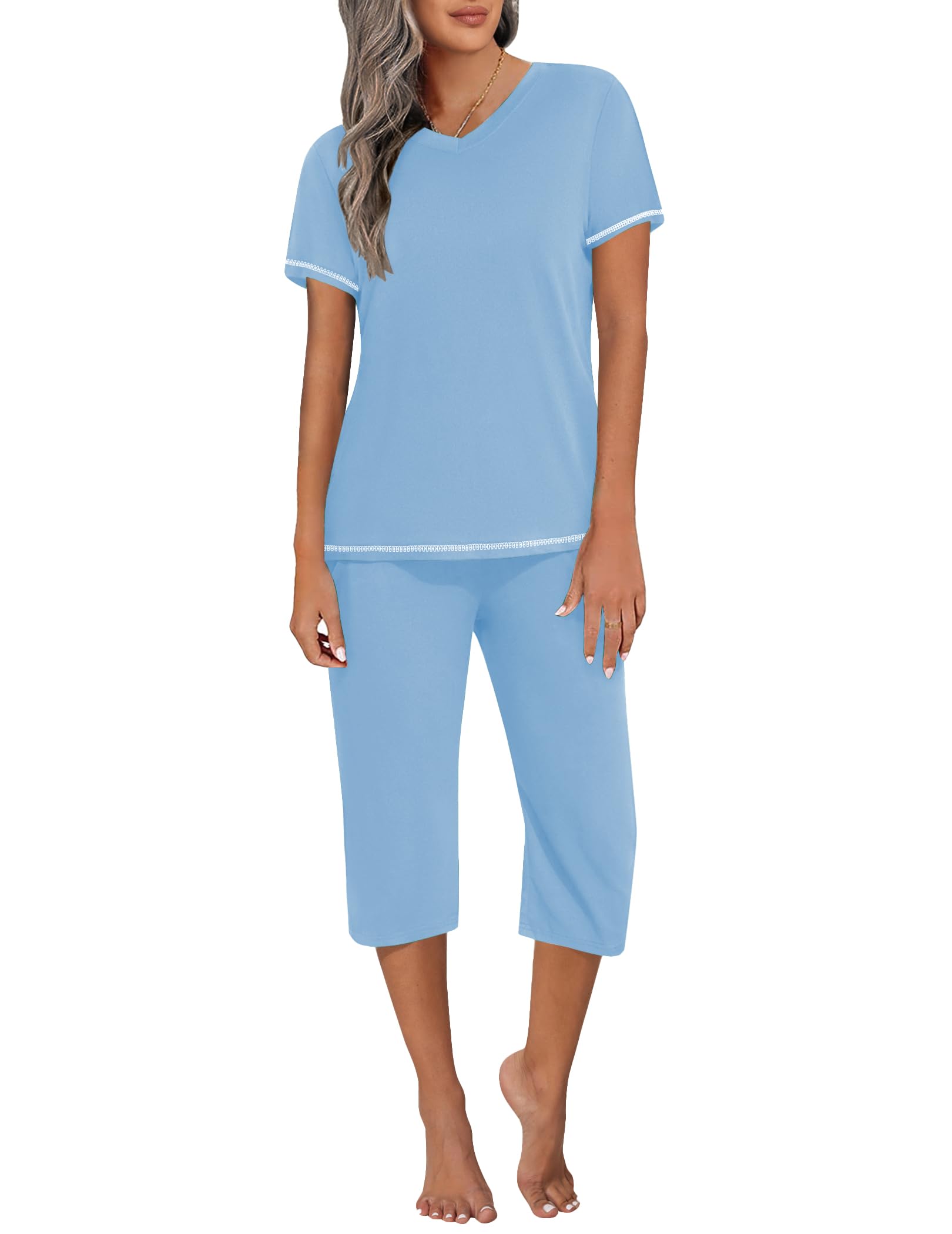Ekouaer Women's Sleepwear Capri Pajama Sets Short Sleeve Two-Piece Pjs V Neck Tops & Capri Pants with Pockets S-3XL