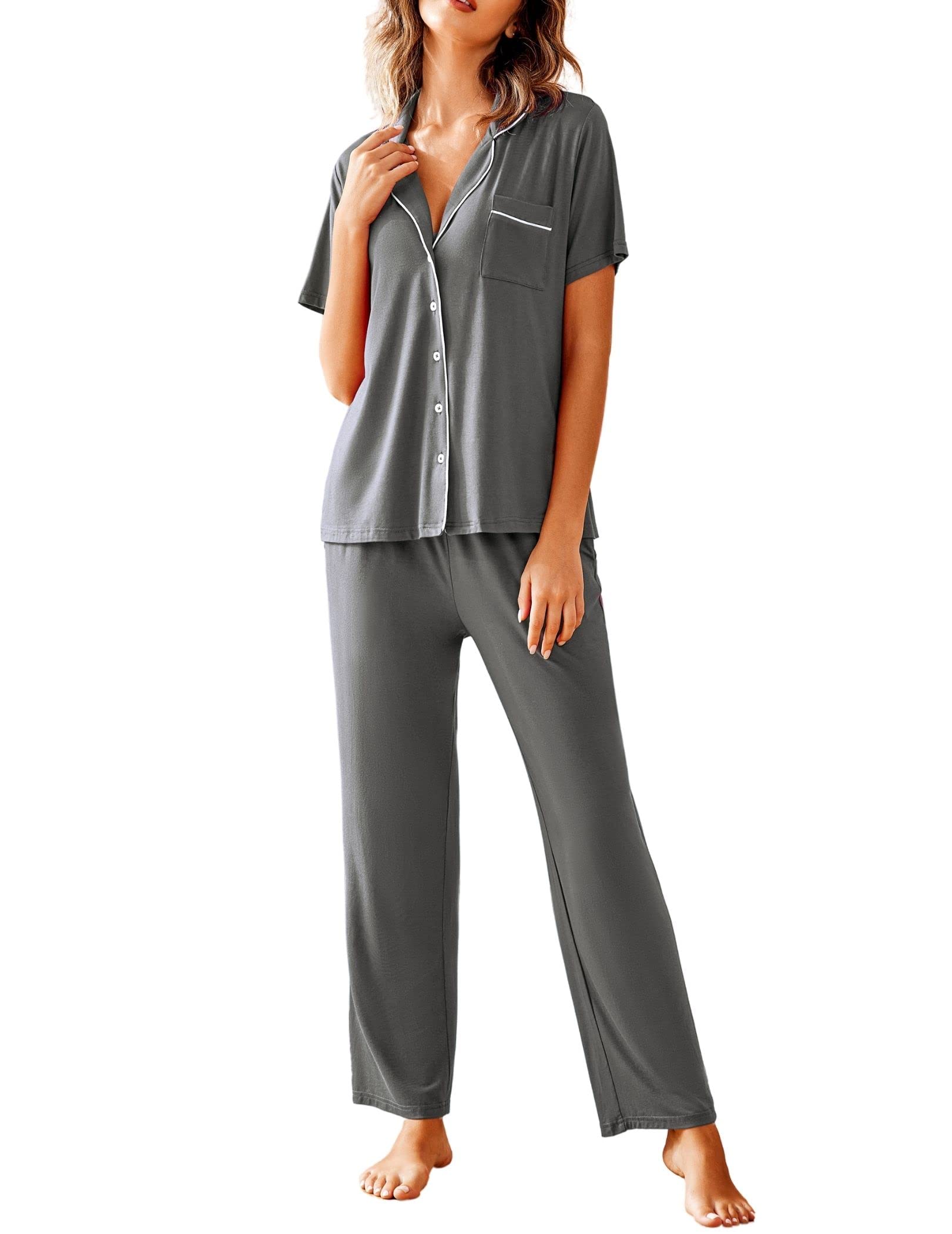 Avidlove Women Pajamas Set Notch Collar Soft Sleepwear Pjs Short Sleeve Button Down Nightwear with Long Pants WEBE CLOTHING