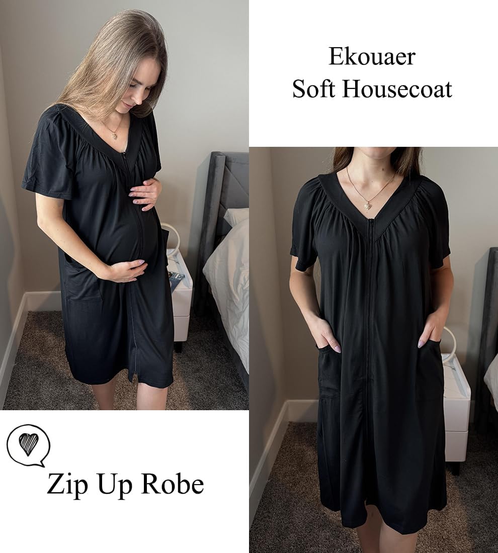 Ekouaer Women Robe Zipper Front Mumu Duster Robes Zip Up Housecoat Soft Sleepwear with Pockets