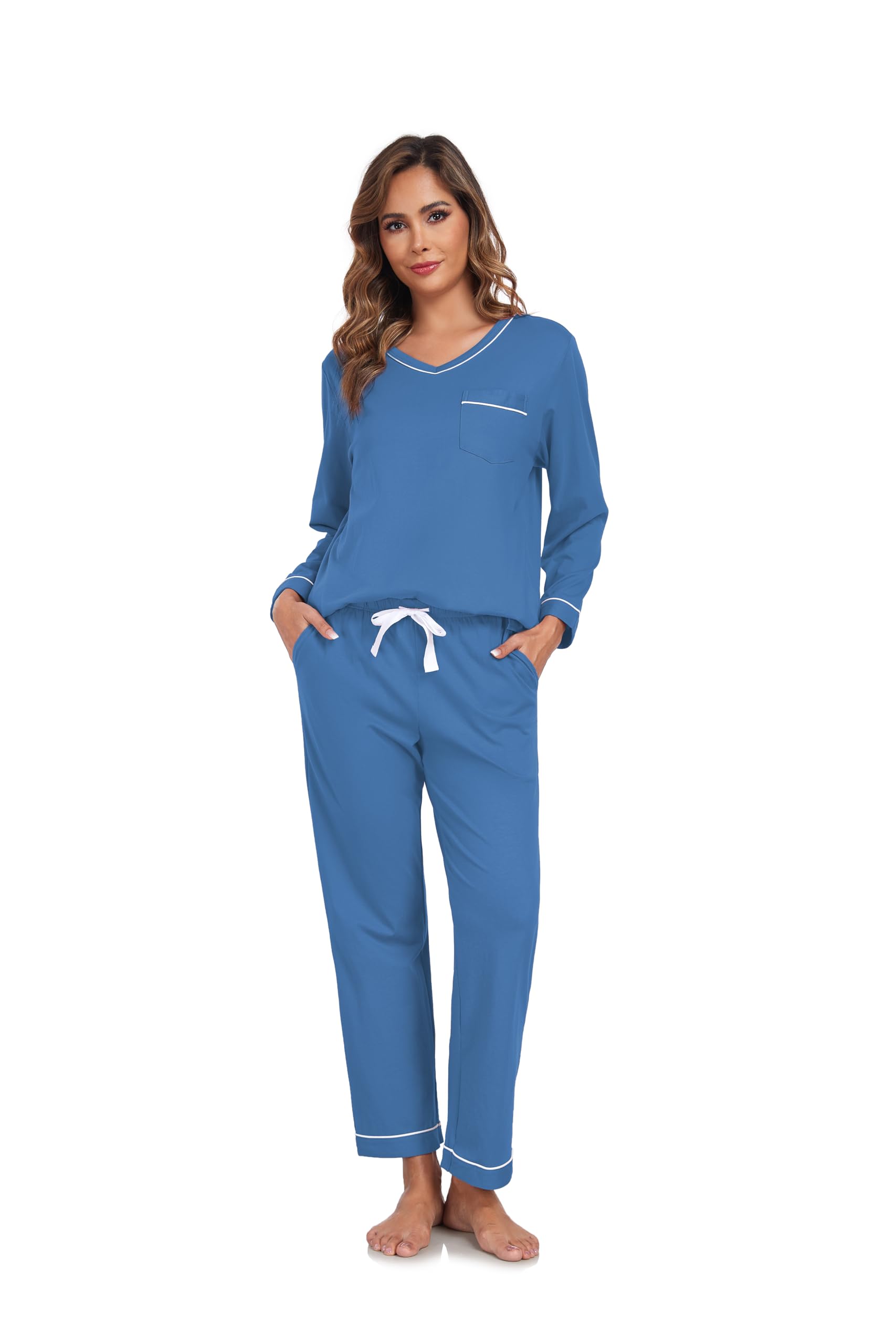 EA'S SECRET 100% cotton Pajamas for Women Summer Lightweight Long Sleeve Pjs 2 Piece Soft Lounge Sleepwear with pocket