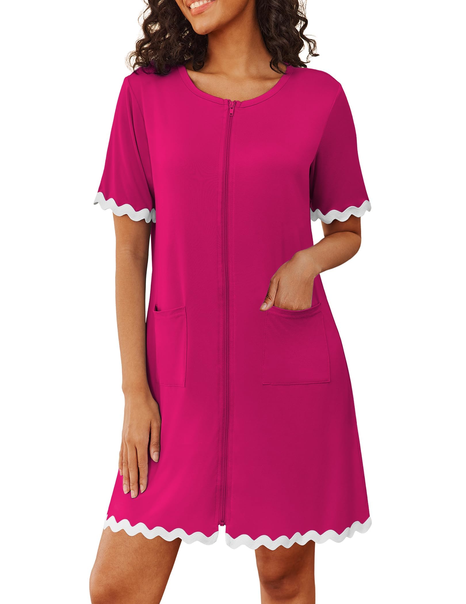 Ekouaer Women Zip Up Robe Lightweight Housecoats with Pockets Knee Length Short Bathrobes Soft Nightgown S-3XL