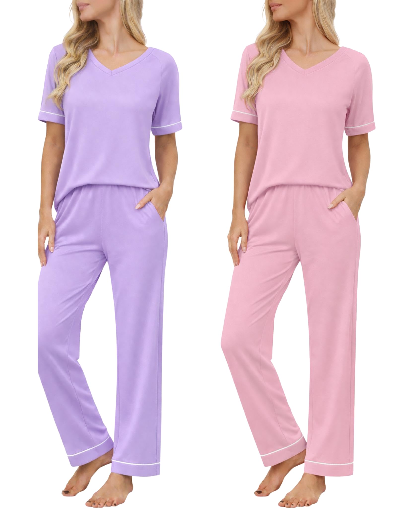 Ekouaer Womens Pajama Set Short Sleeve Pajamas Top and Pants V Neck Pjs Set Soft Loungewear with Pockets