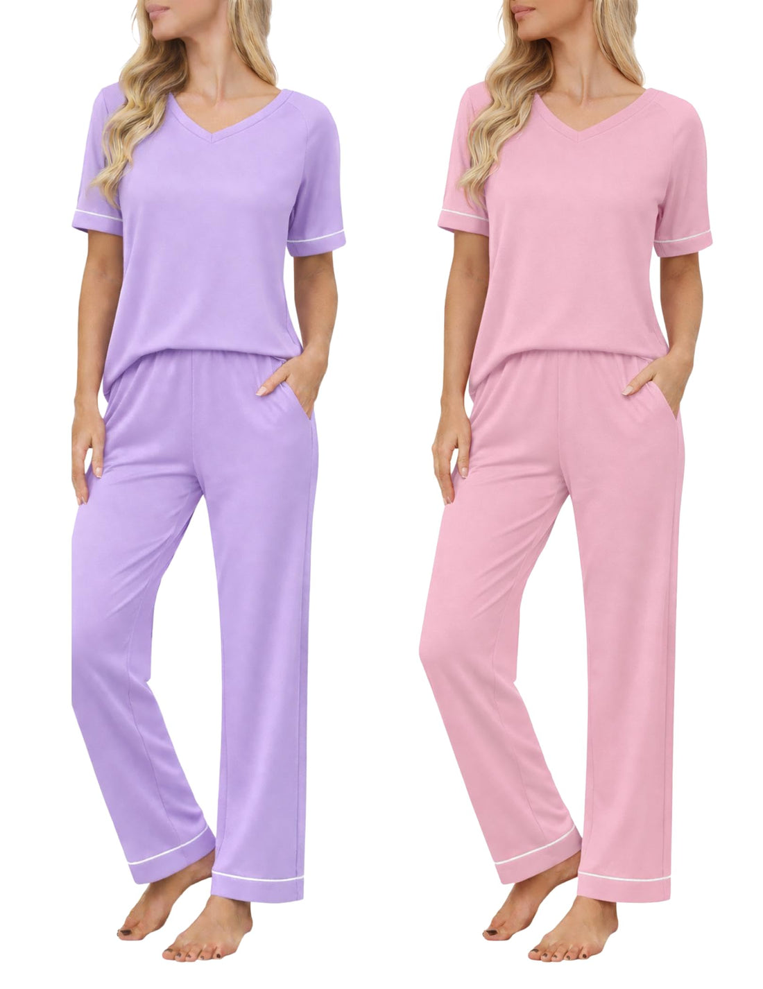Ekouaer Womens Pajama Set Short Sleeve Pajamas Top and Pants V Neck Pjs Set Soft Loungewear with Pockets