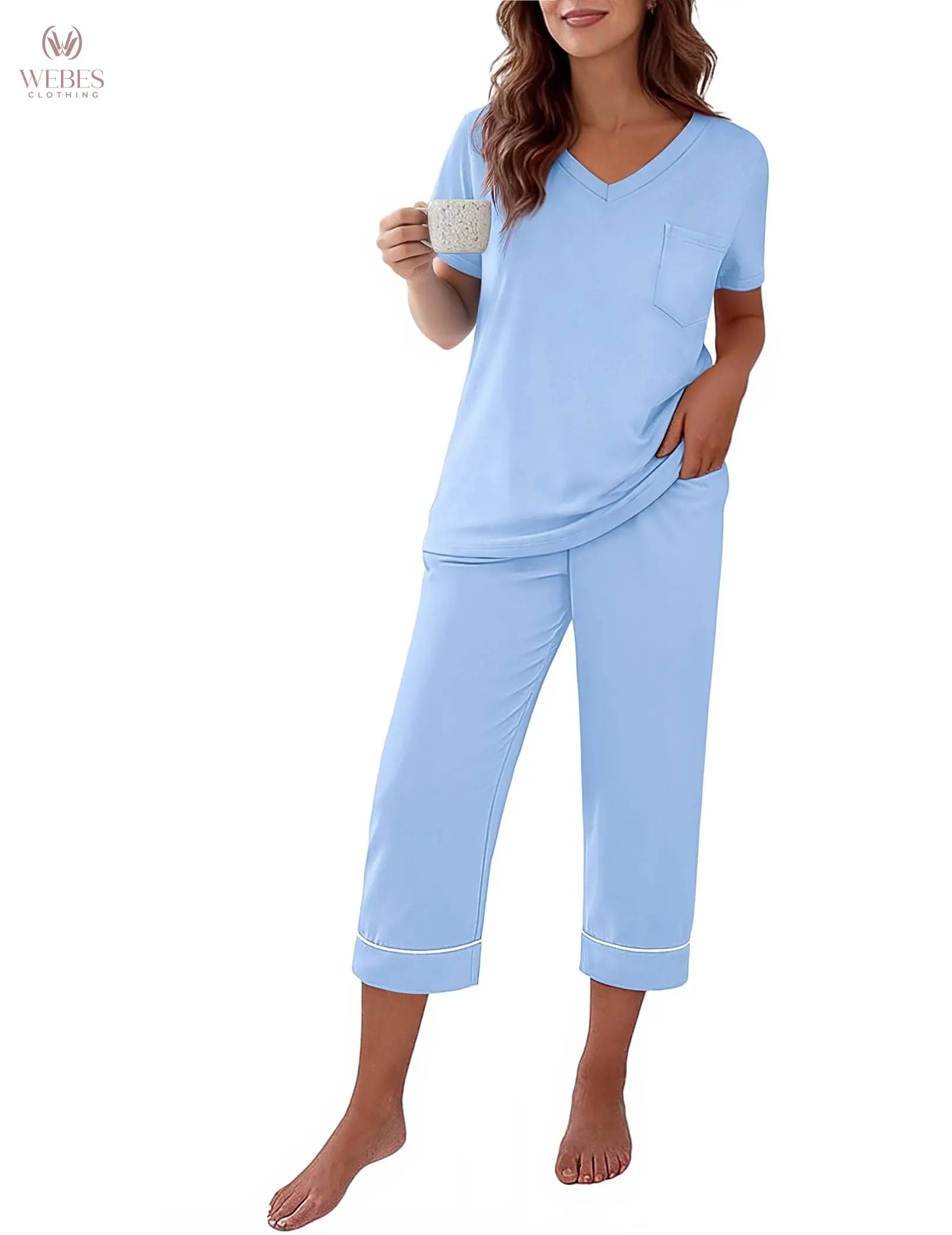 Ekouaer Cotton Pajamas for Women Set Short Sleeve Top and Capri Pants | 2 Pieces Lounge Set with Pockets V Neck Comfy Soft Sleepwear for Mom, Wife, Grandmother WEBE CLOTHING