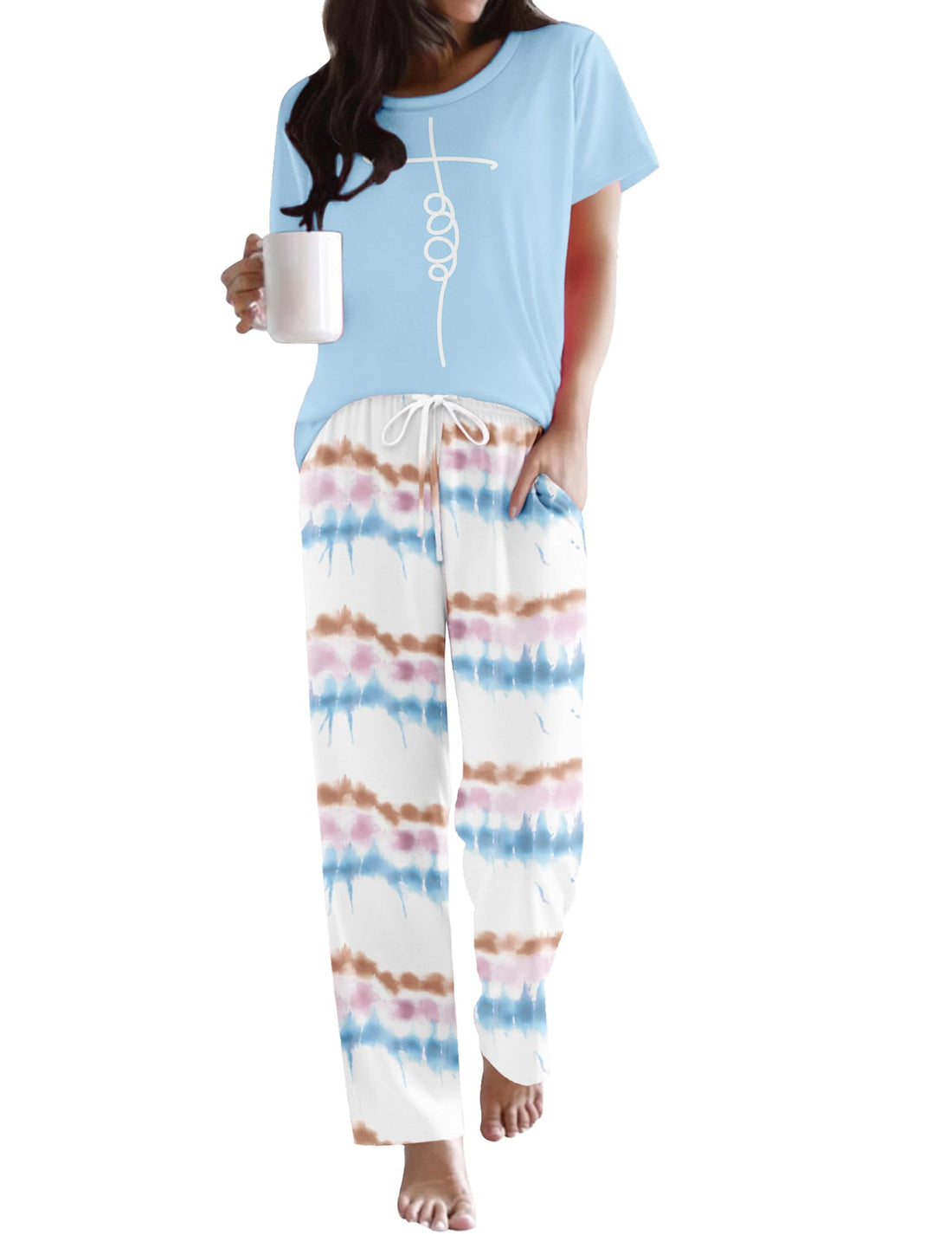 Ekouaer Pajama Sets for Women Round Neck Pjs Short Sleeve Sleepwear with Long Pants Loose Lounge Sets
