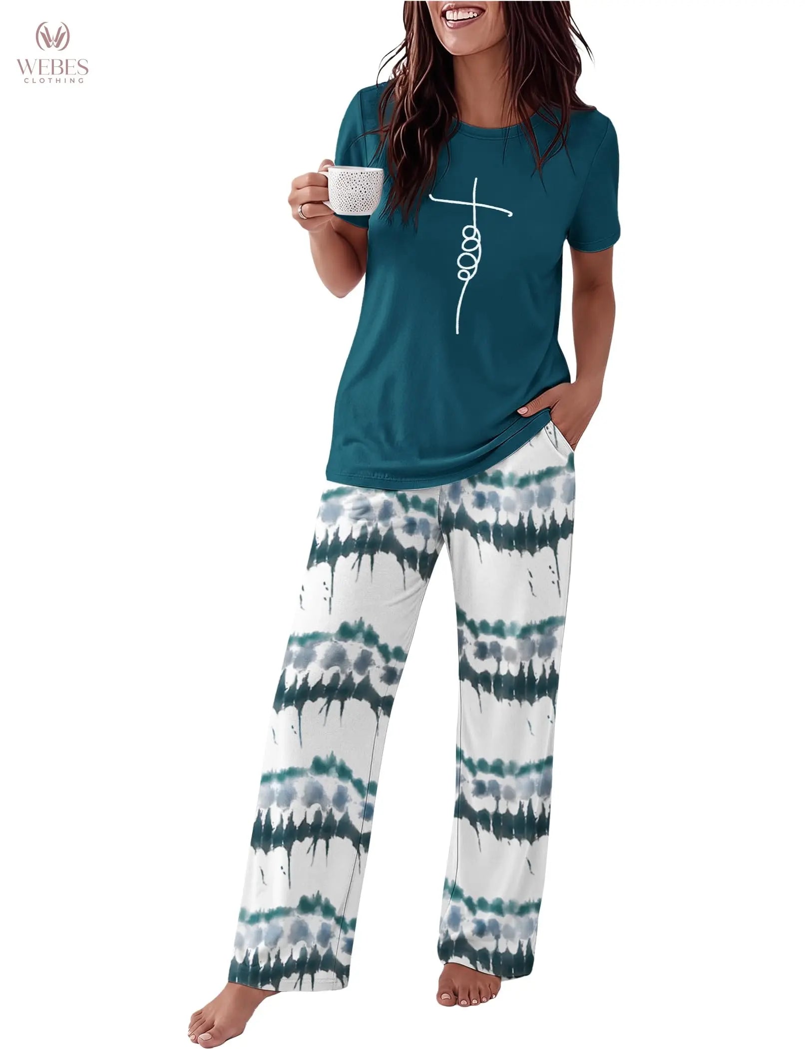 Ekouaer Pajama Set for Women 2 Piece Pjs Short Sleeve Top and Printed Pants | Womens Round Neck Lounge Sets Short Sleeve Sleepwear with Loose Pants for Daily Wear, Home Lounging, Casual Errands WEBE CLOTHING