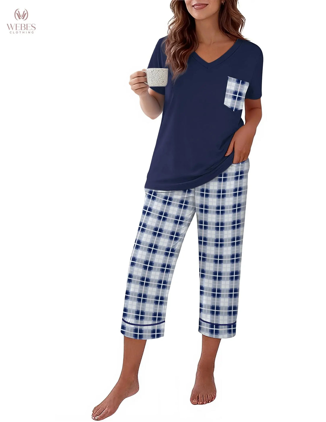 Ekouaer Cotton Pajamas for Women Set Short Sleeve Top and Capri Pants | 2 Pieces Lounge Set with Pockets V Neck Comfy Soft Sleepwear for Mom, Wife, Grandmother WEBE CLOTHING