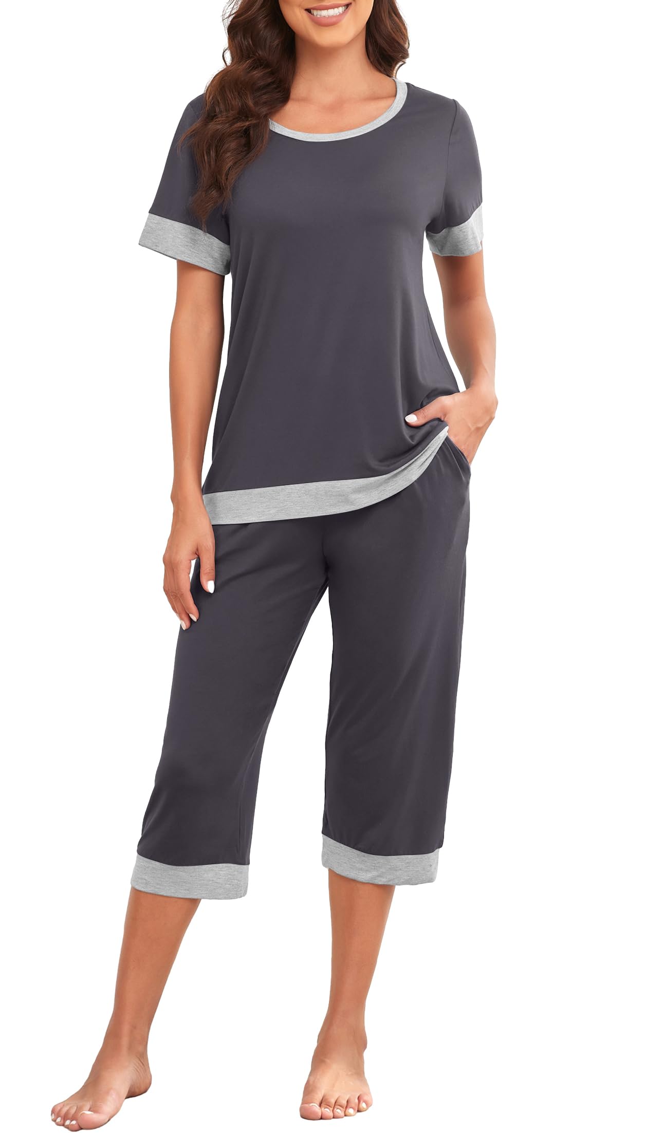PrinStory Women's Pajama Set Short Sleeve Shirt and Capri Pants Sleepwear Pjs Sets Lounge Set WEBE CLOTHING