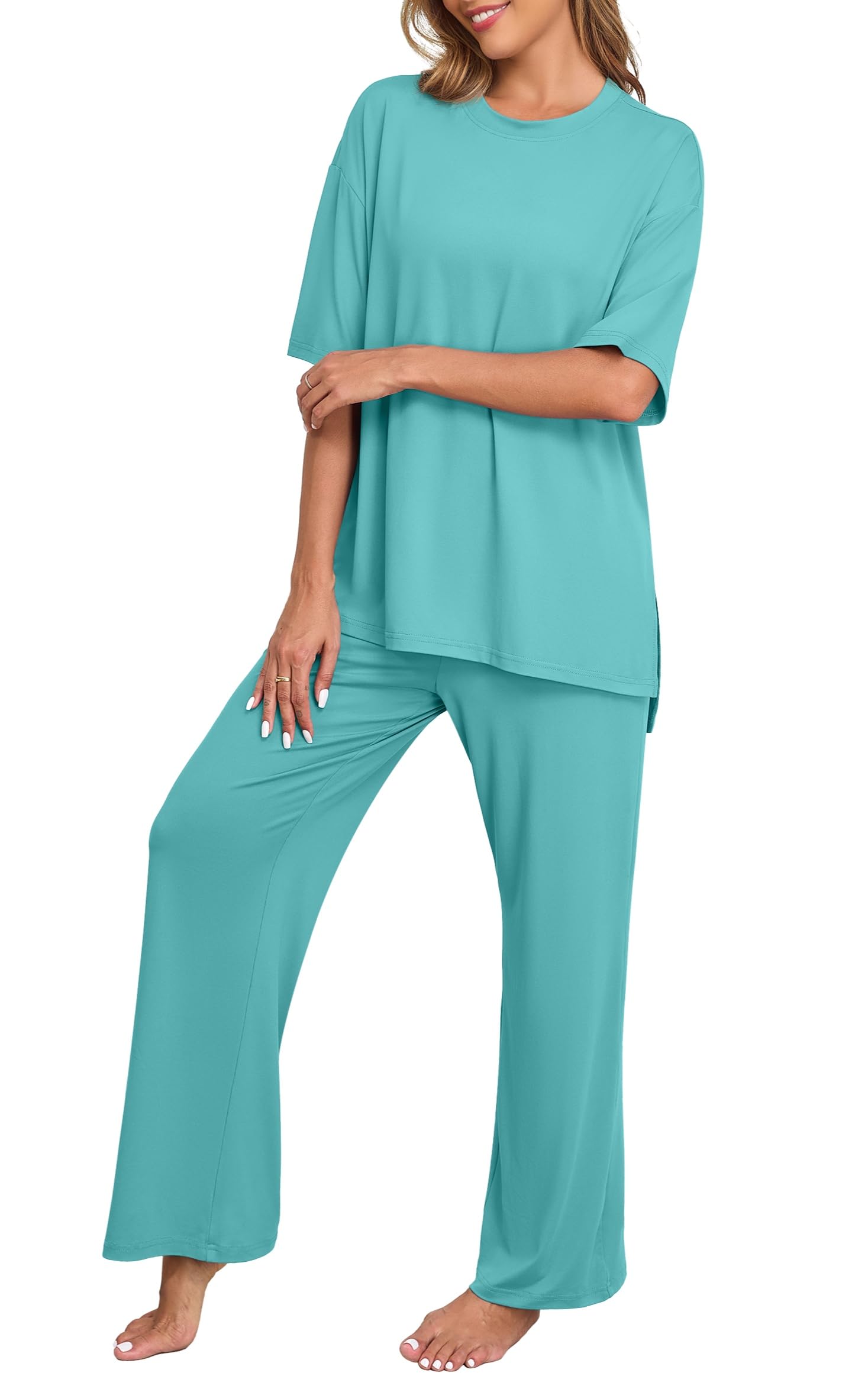 PrinStory Womens Pajamas Sets 2 Piece Lounge Set Short Sleeve Tops and Long Pants Soft Pjs Loungewear with Pockets