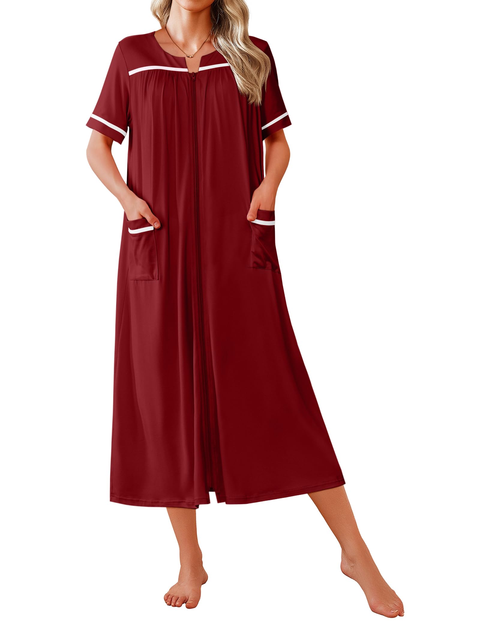 Ekouaer Zipper Robes for Women Short Sleeve Bathrobe Soft Lightweight Housecoat Full Length Nightgown with Pockets S-3XL WEBE CLOTHING